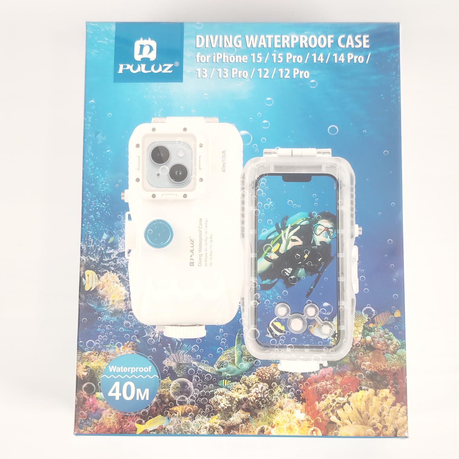 PULUZ 40m/131ft Waterproof Diving Case for iPhone 14/14 Pro/13/13 Pro/12/12 Pro - Professional Underwater Photography Housing with One-Way Valve for Snorkeling, Scuba Diving & Beach Vacations (White)