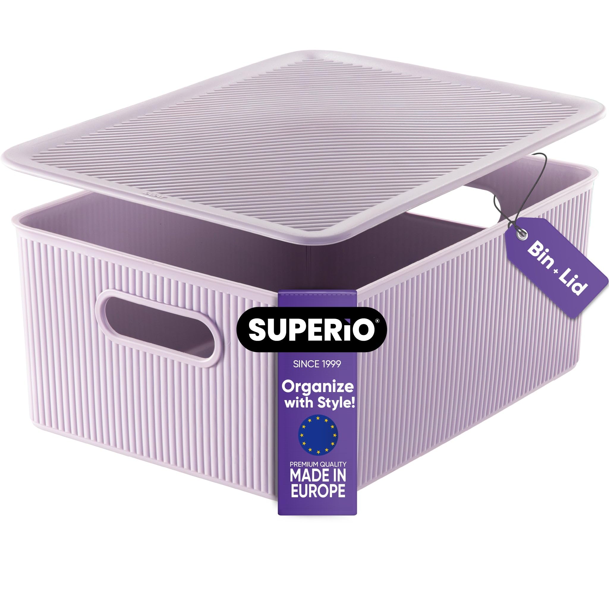 Superio Ribbed Collection - Decorative Plastic Lidded Storage Bins Organizer Baskets, Large Lilac Purple (1 Pack - 15L) Stackable Container Box for Closet, Shelf, Drawer Organization | Perfect for Bedroom, Bathroom, Kids Room & Office Storage Solutions