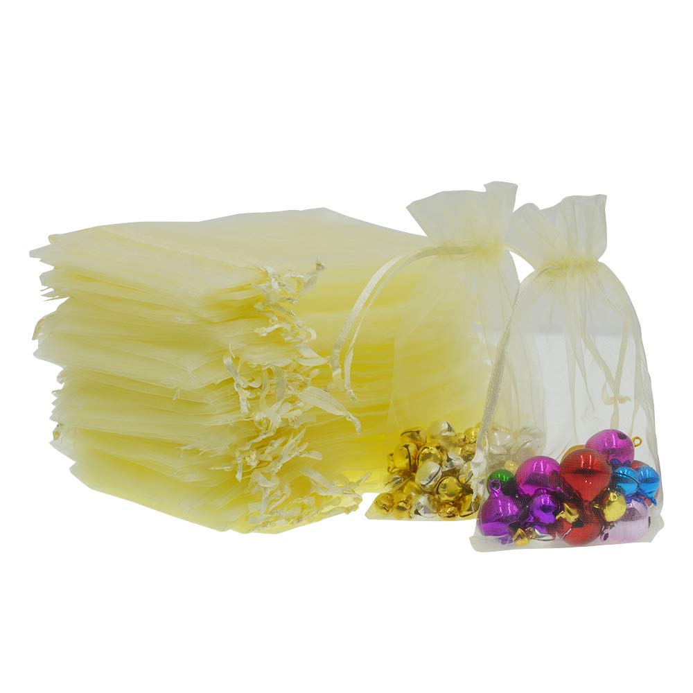Lautechco 100Pcs 7x9 Inches Beige Organza Drawstring Gift Bags - Premium Mesh Favor Pouches for Christmas Presents, Wedding Favors, Party Decorations & Jewelry Packaging