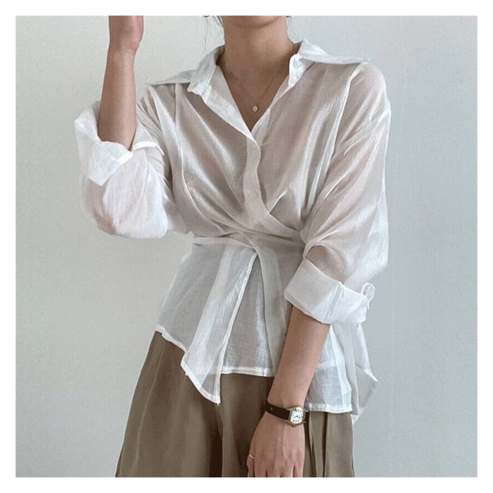 Women's Loose Long Sleeve Blouse - Casual Button Down Sun Protection Shirt - Irregular Hem Tops for Work, Travel & Everyday Wear (Color: B, Size: One Size)