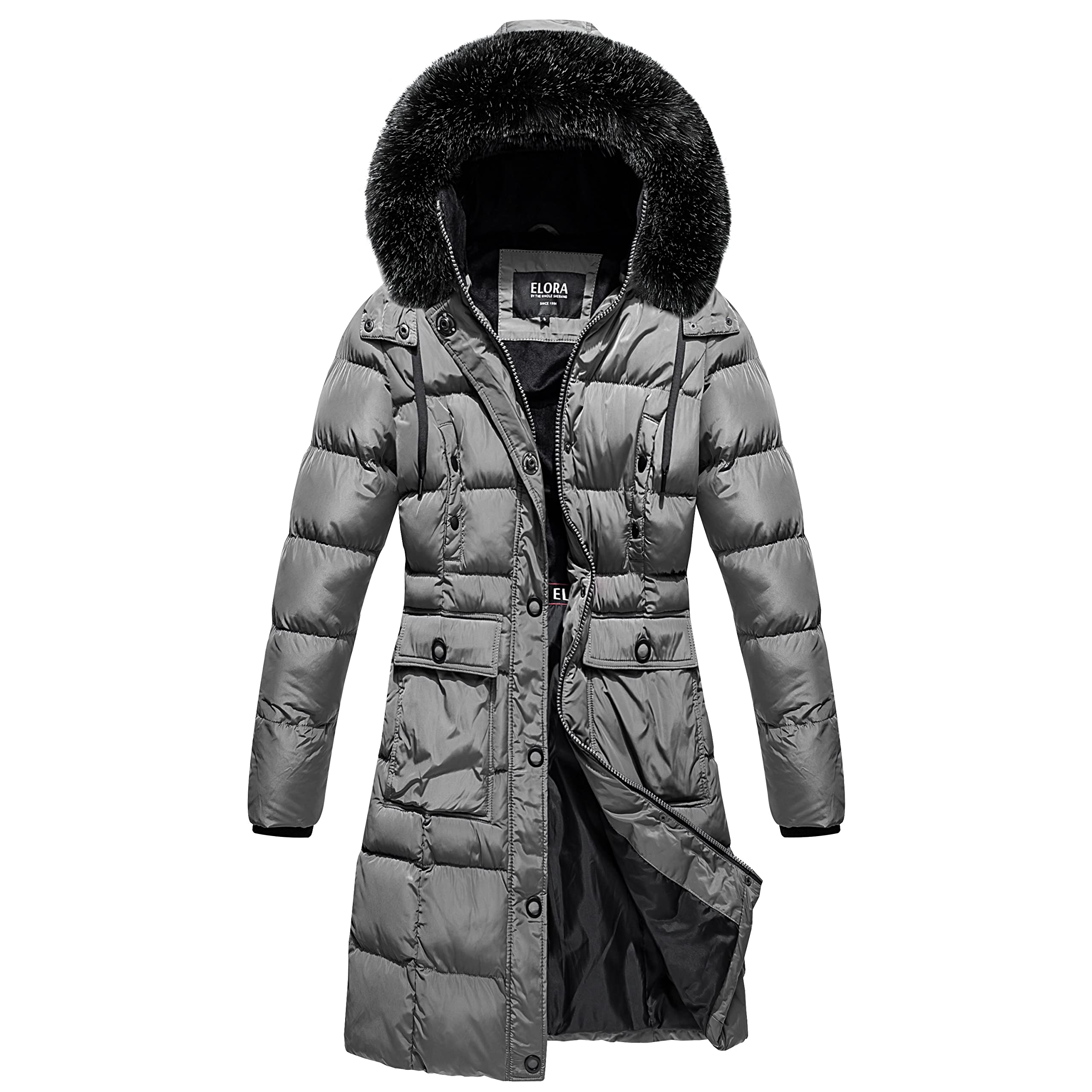 ELORA Women's Winter Coat - Vegan Down Puffer Jacket with Removable Hood, Faux-Fur Trim & 7 Cargo Pockets | Mid-Length Warm Parka for Cold Weather | Perfect for Snow, Travel & Outdoor Activities