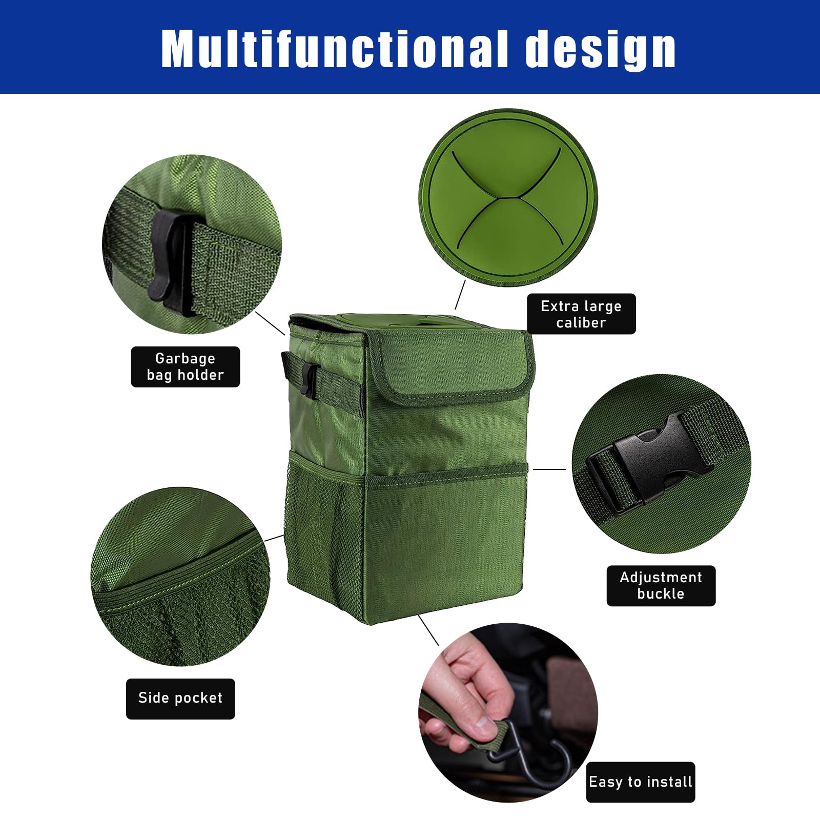 Kewucn Car Trash Can with Lid - Leak-Proof Oxford Fabric Auto Garbage Bin with Storage Pockets | Hanging Collapsible Vehicle Organizer | Universal Fit for Most Cars (Army Green) | Perfect for Road Trips, Commuting & Keeping Your Car Clean