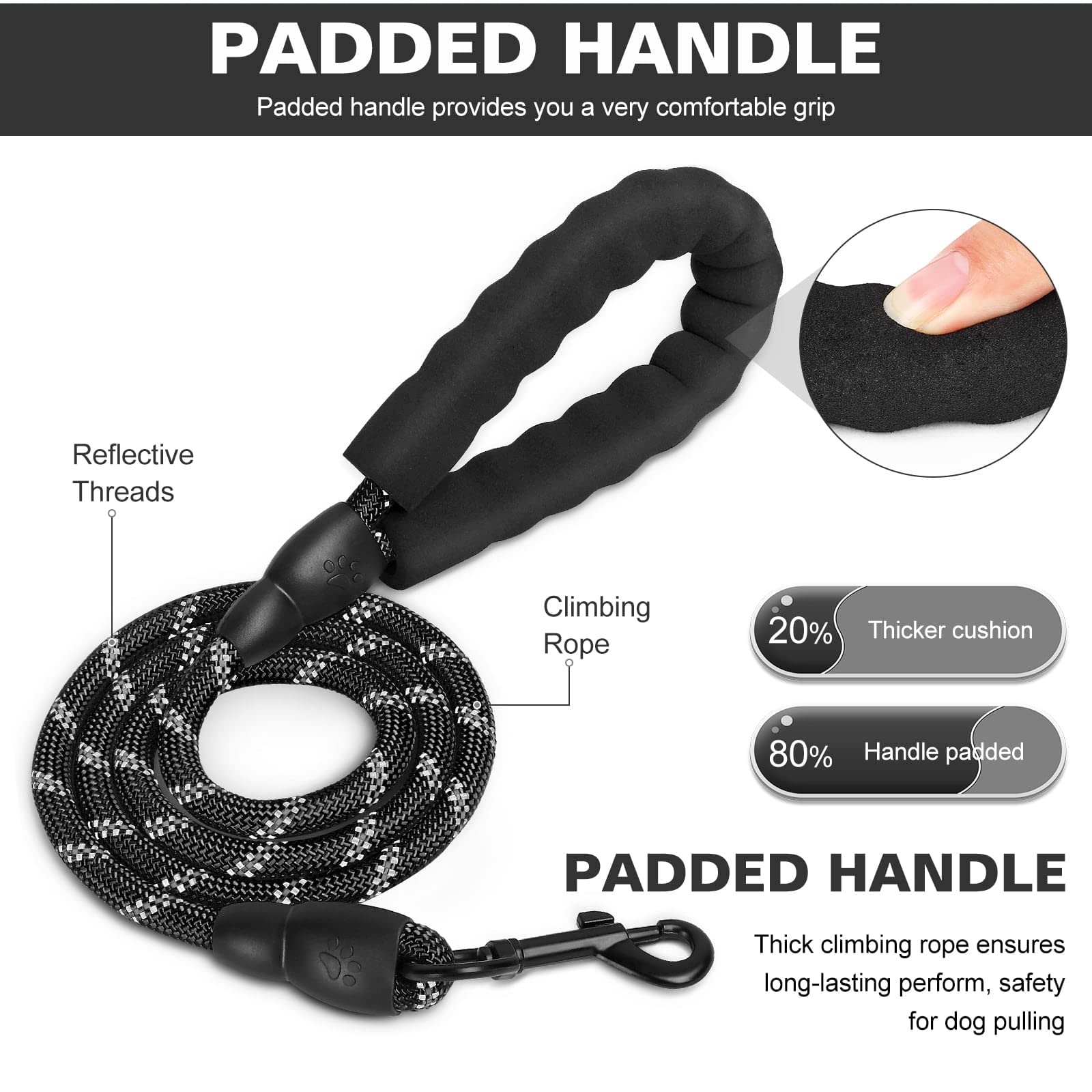 UrbanX Heavy Duty Dog Leash - 5FT Padded Handle Reflective Pet Leash for Medium Dogs Like Westiepoo - Durable Walking Lead for Night Safety & Daily Use (Black)