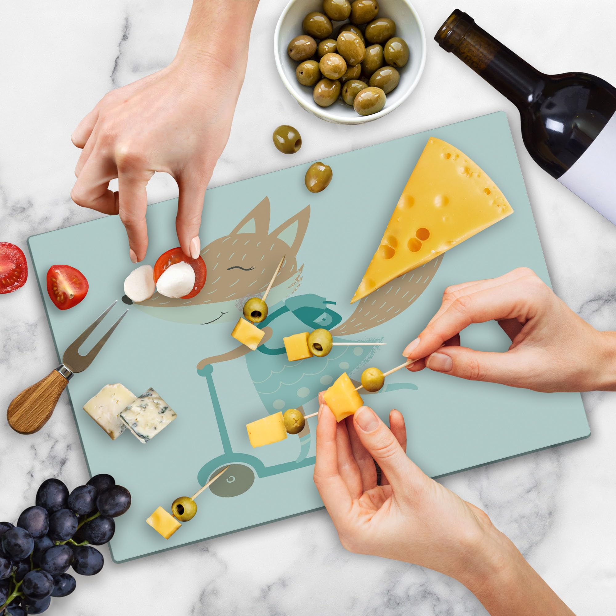 Ambesonne Fox Tempered Glass Cutting Board - Happy Animal with Scooter & Bag Design - Large Decorative Serving Board for Kitchen & Dining - Perfect for Charcuterie, Cheese, and Party Platters