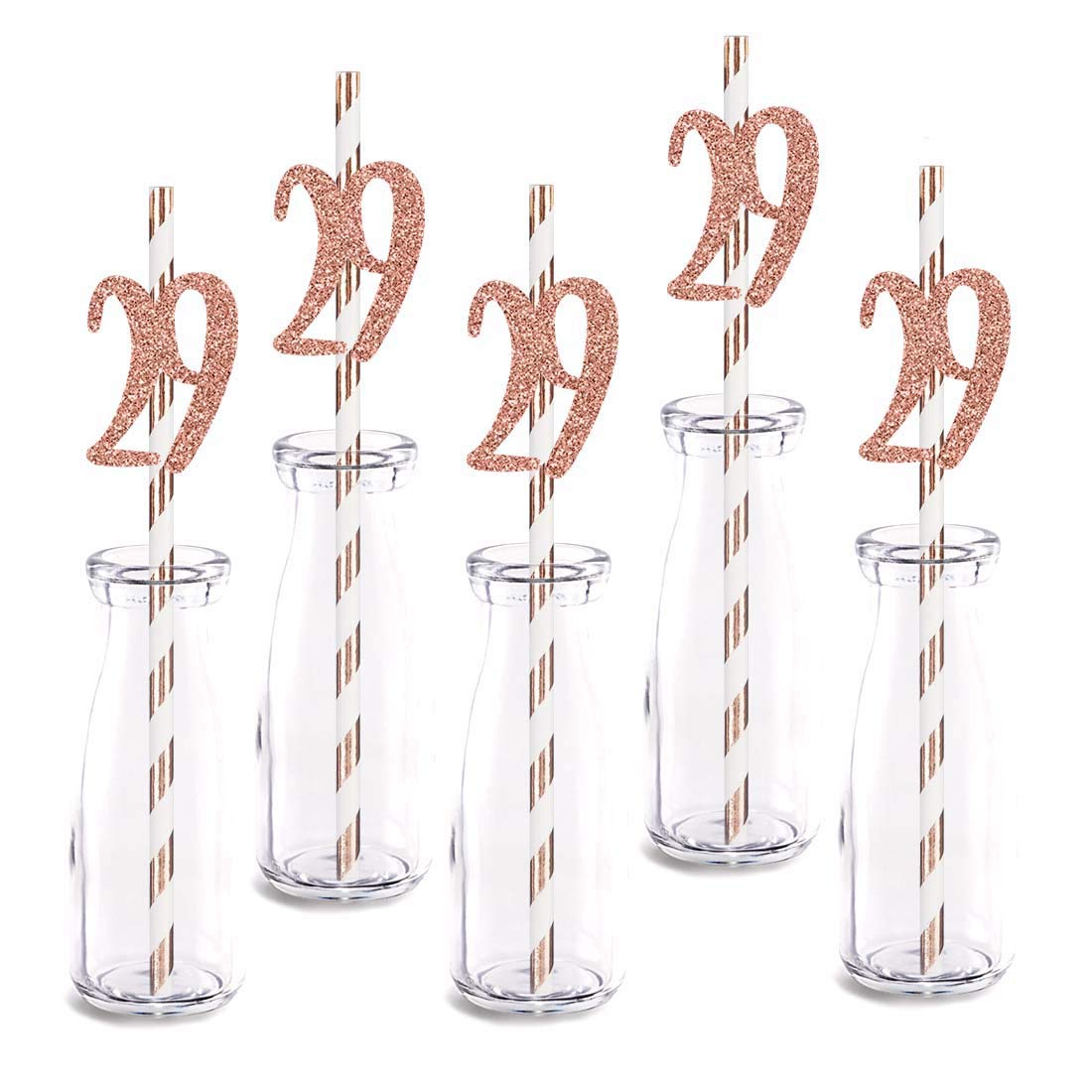 Rose Gold Glitter 29th Birthday Party Straws - 24pcs Cut-Out Number 29 Drinking Decorations for Birthday Celebrations, Bridal Showers & Anniversary Parties