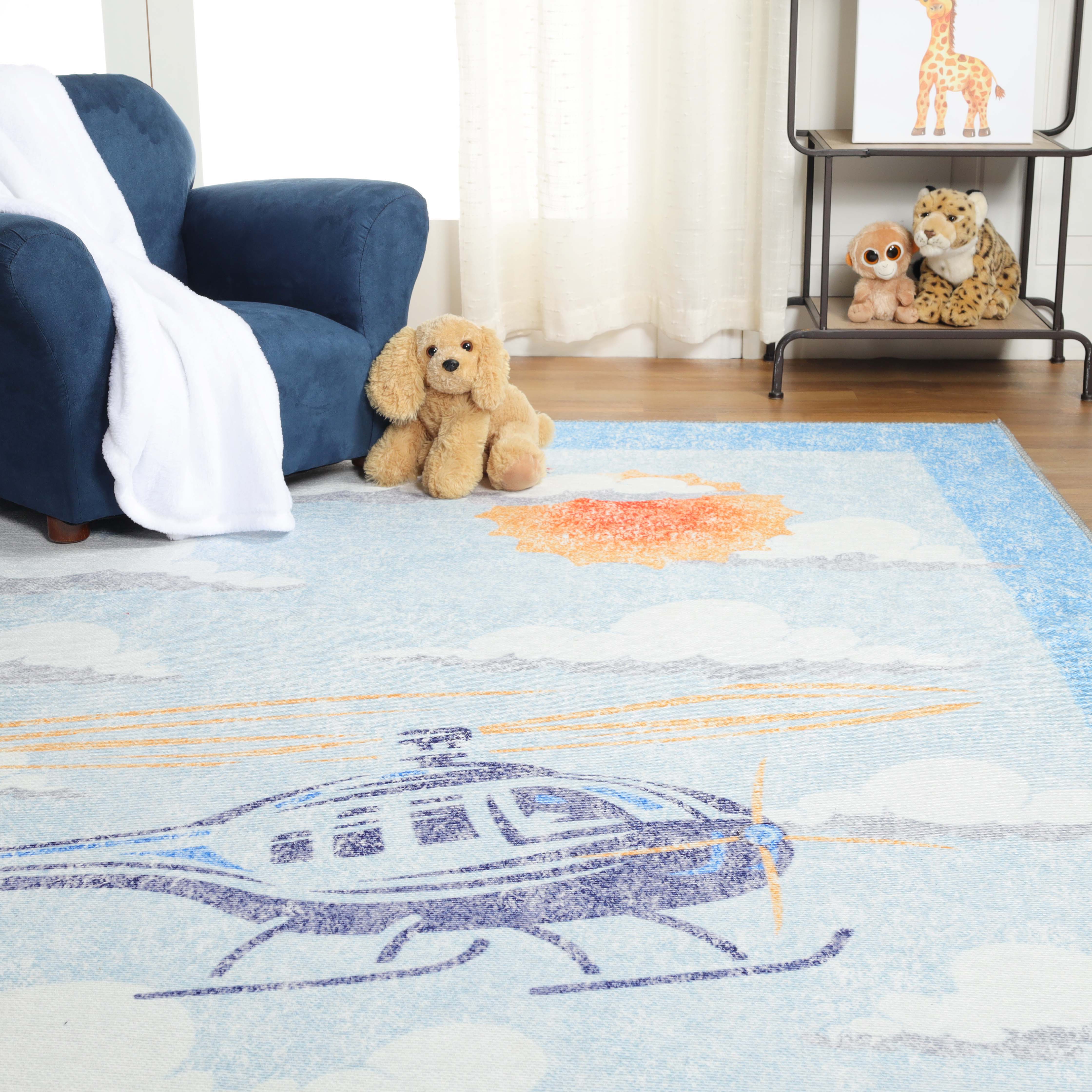 Non-Slip Helicopter Pattern Playroom Rug for Kids - Soft & Safe Floor Mat for Nursery, Bedroom, and Play Areas