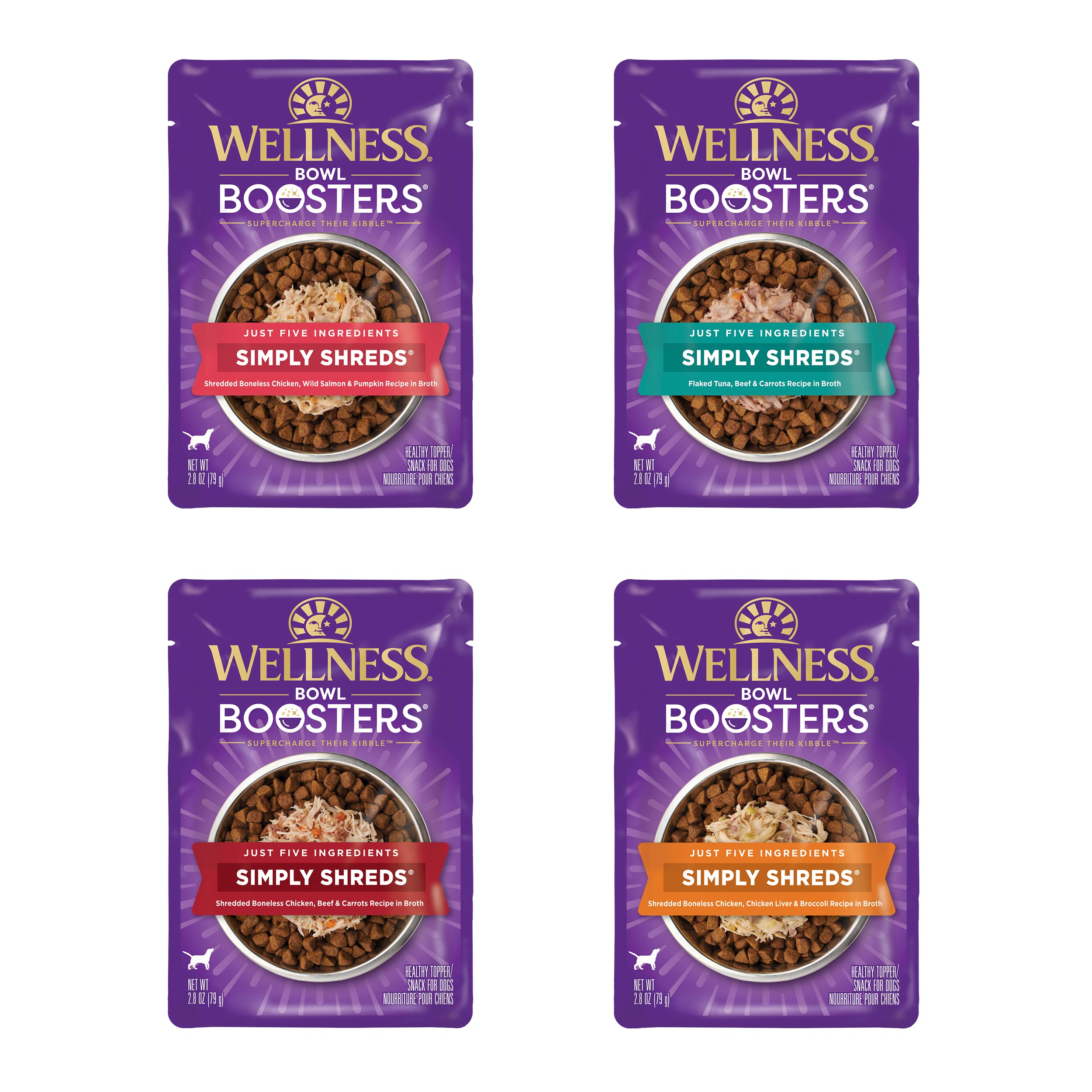 Wellness CORE Simply Shreds Wet Dog Food Topper - 4 Flavor Variety Pack (2.8-Oz Pouches) | High Protein Grain-Free Dog Food Supplement | Perfect for Picky Eaters & Meal Enhancer for Dry Kibble