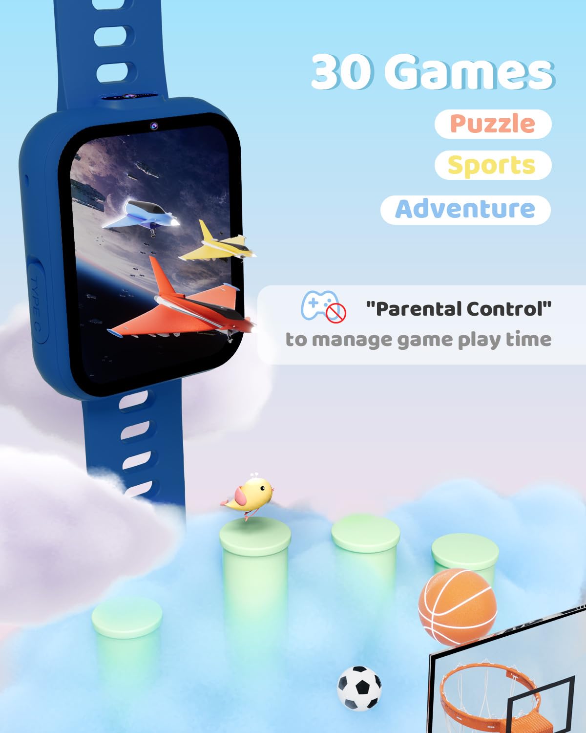 BIGGERFIVE Kids Smart Watch with Dual Camera - 30 Puzzle Games, Video Music Player, Audiobooks, Pedometer | Educational Learning Toy & Birthday Gift for Boys Girls Age 4-10 (Blue) | Perfect for School, Outdoor Play & Family Activities
