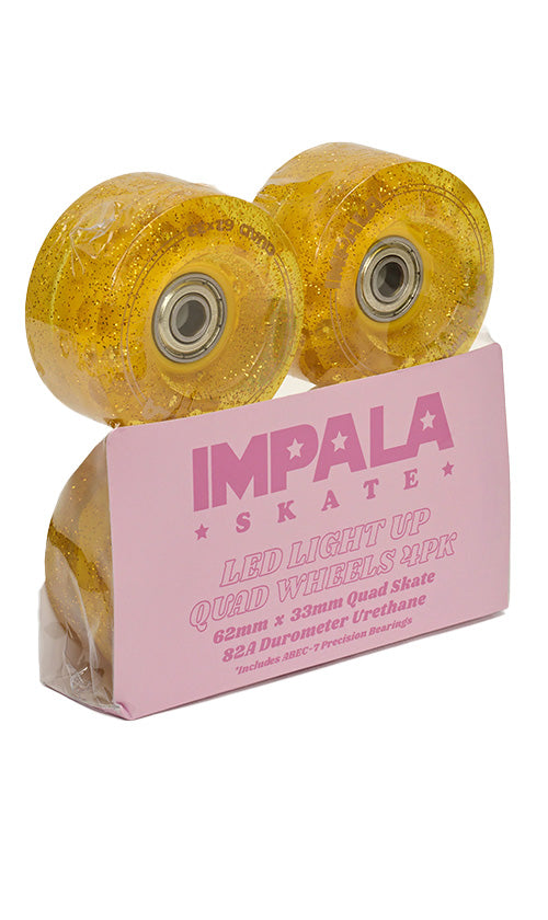 Impala Light Up LED Roller Skating Wheels - 4 Pack, 62mm Gold - Perfect for Night Skating, Roller Derby & Outdoor Rinks
