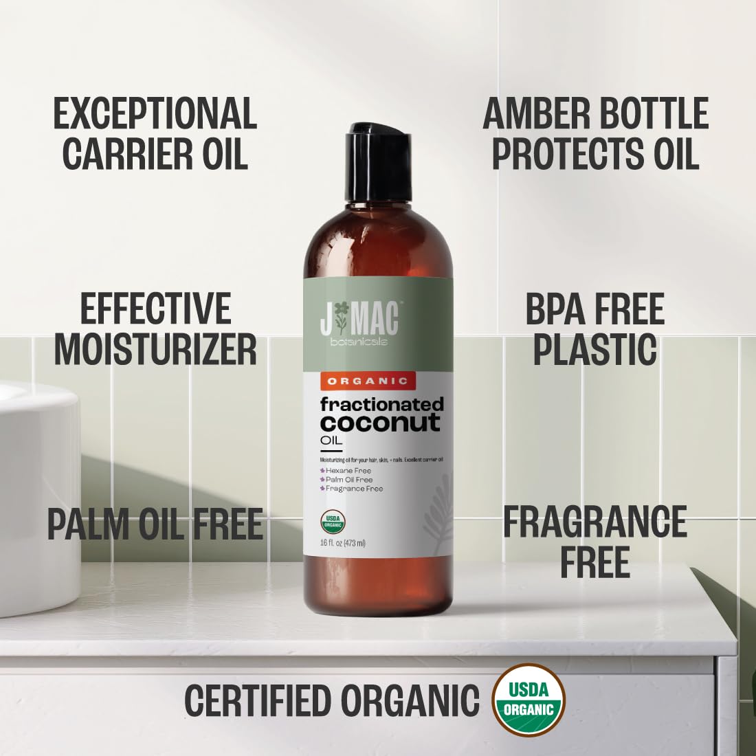 Organic Fractionated Coconut Oil 16 Oz - Pure Carrier Oil for Essential Oils, Hair & Skin Care - Leave-In Conditioner for Dry Damaged Hair, Massage & Aromatherapy - J MAC BOTANICALS (Perfect for DIY Beauty Recipes & Relaxing Spa Treatments)