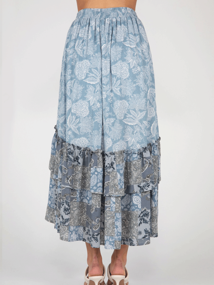 Miss Me MS0133L Women's Long Tiered Ruffled Floral Skirt - Blue Floral Print Maxi Skirt for Spring & Summer, Beach Vacations & Boho Outfits