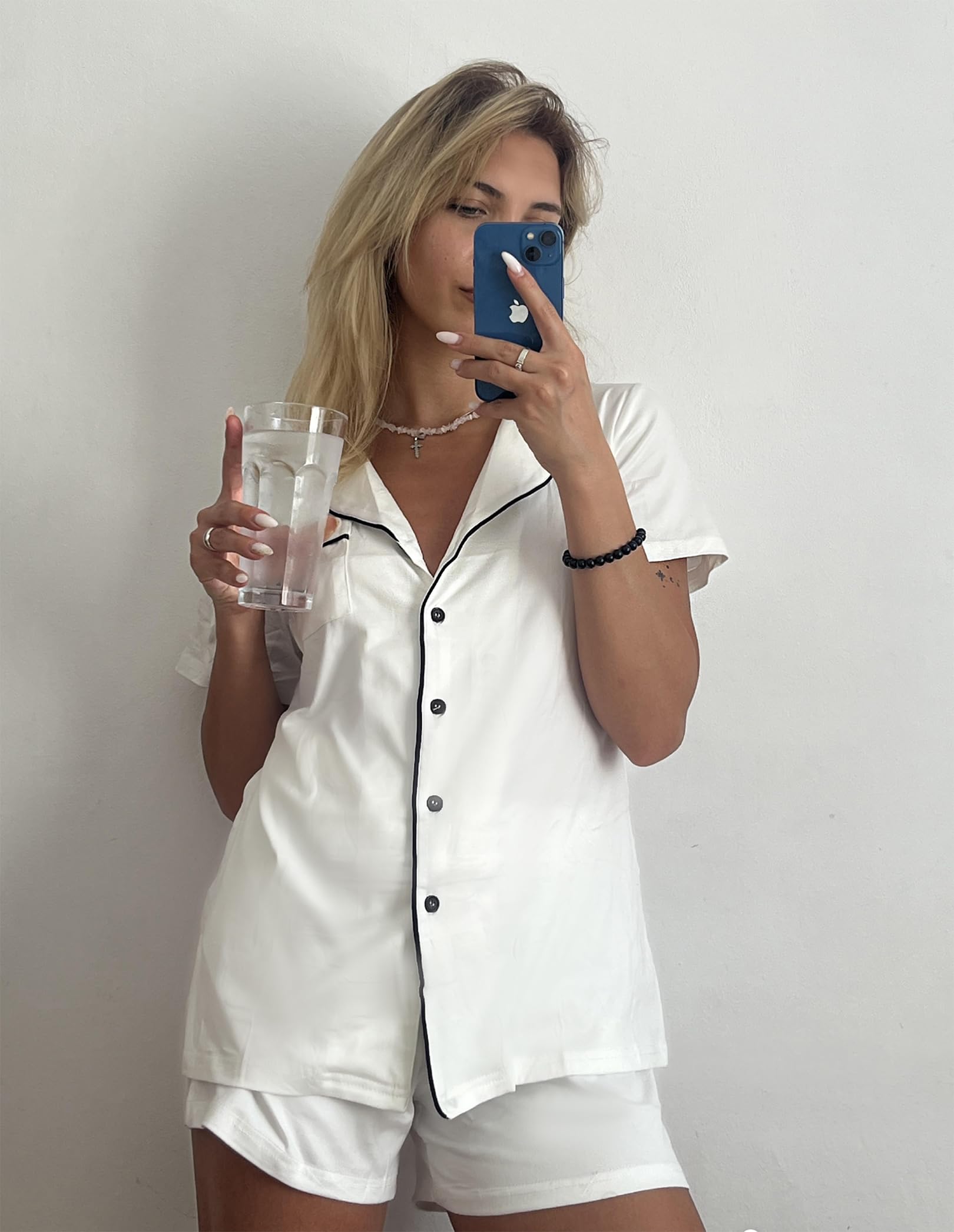 Ekouaer Women's Short Sleeve Pajama Set - Soft 2-Piece Button Down Sleepwear & Lounge Outfit for Comfortable Nightwear, Relaxing at Home or Traveling