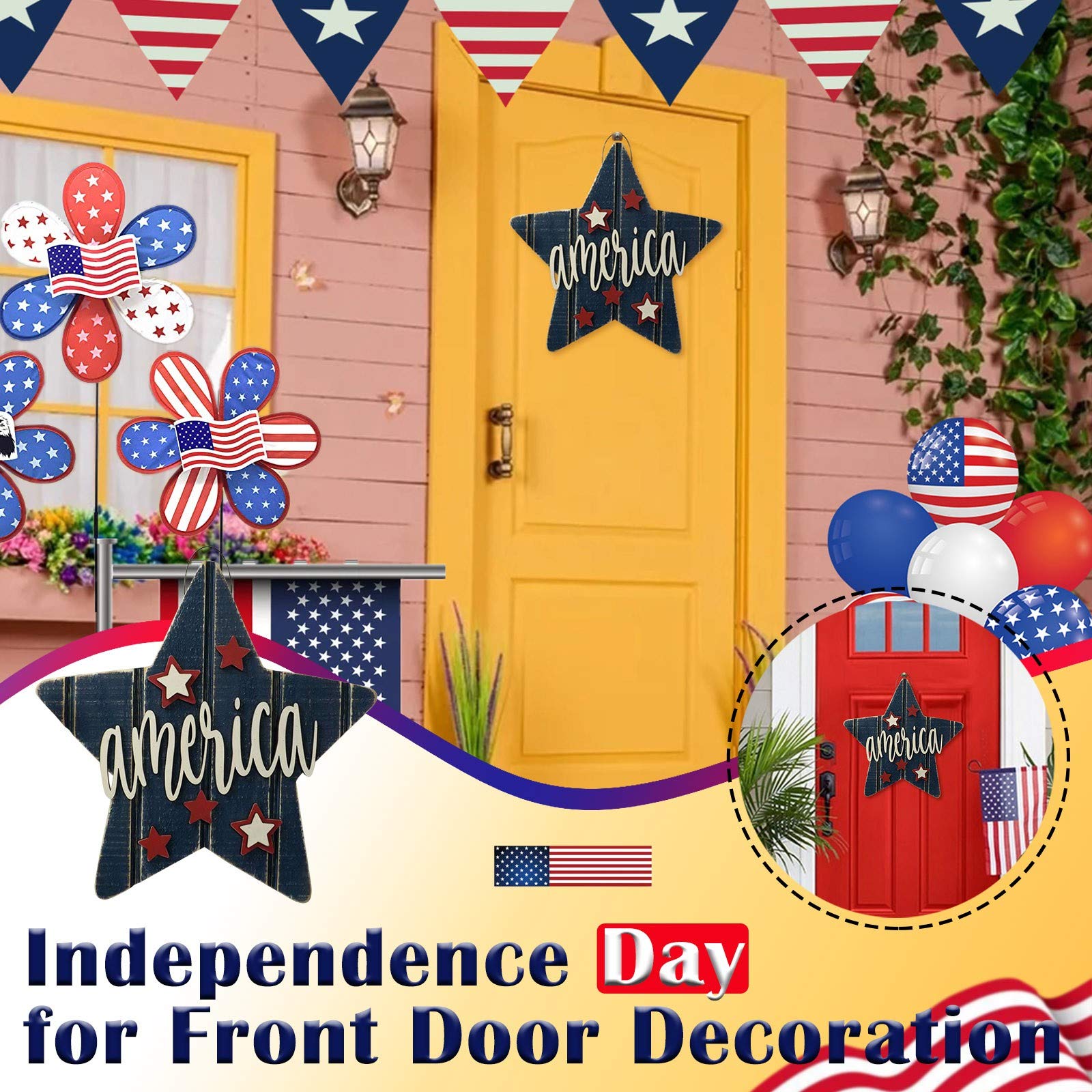 Vintage Patriotic Wooden Door Decor - Independence Star Sign for Home