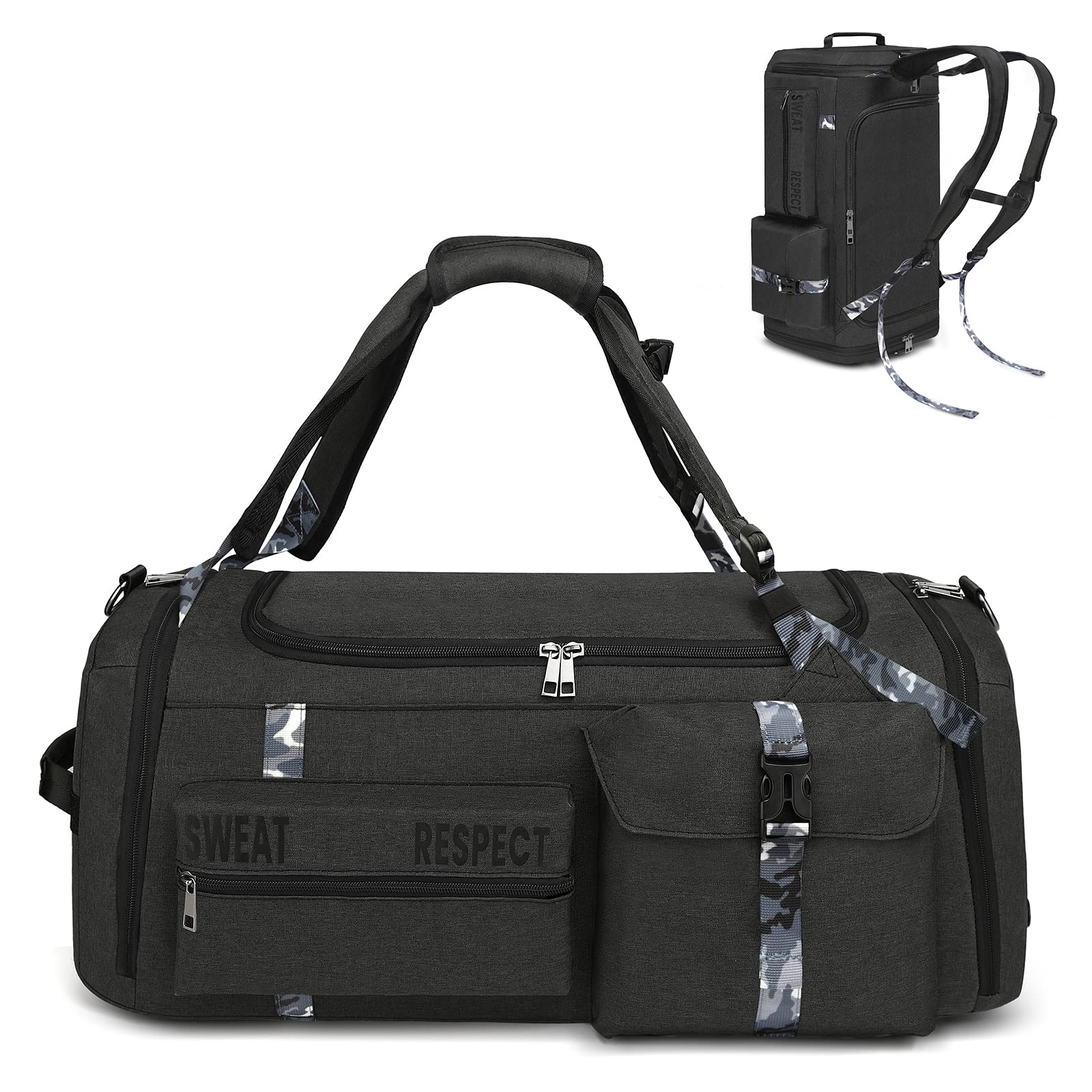Men's 3-Way Gym Duffle Backpack - Large Sports Bag with Shoe Compartment & Wet Pocket for Workout, Travel & Gym - Durable Black Athletic Duffel Bag for Men