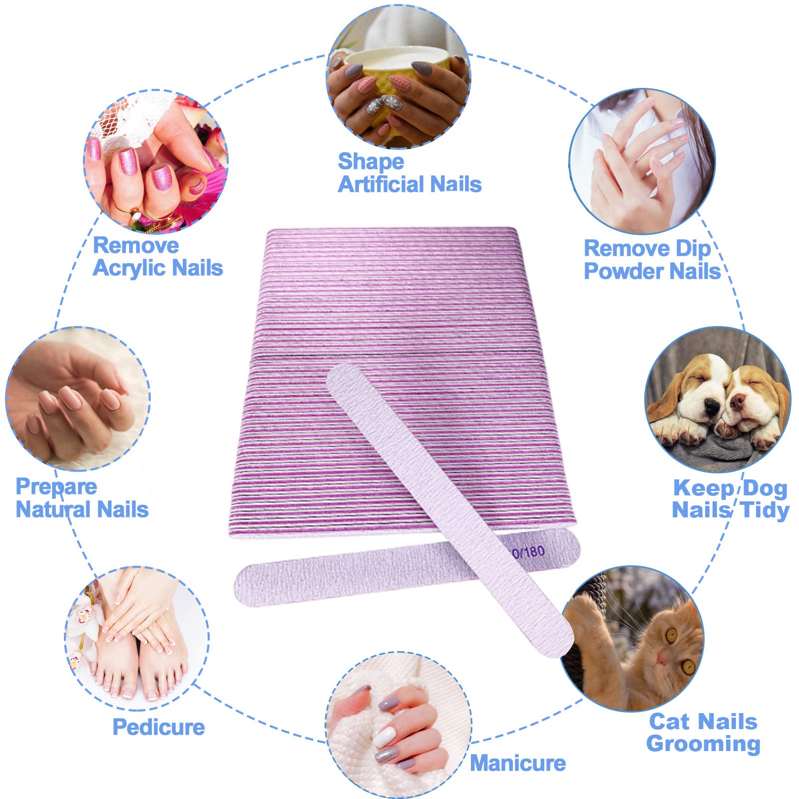 50 Pcs Professional Nail Files Set - 100/180 Grit Double Sided Emery Boards for Acrylic, Natural & Gel Nails - Reusable Washable Manicure Pedicure Kit (Gray) - Perfect for Home Salon, Travel & DIY Nail Care