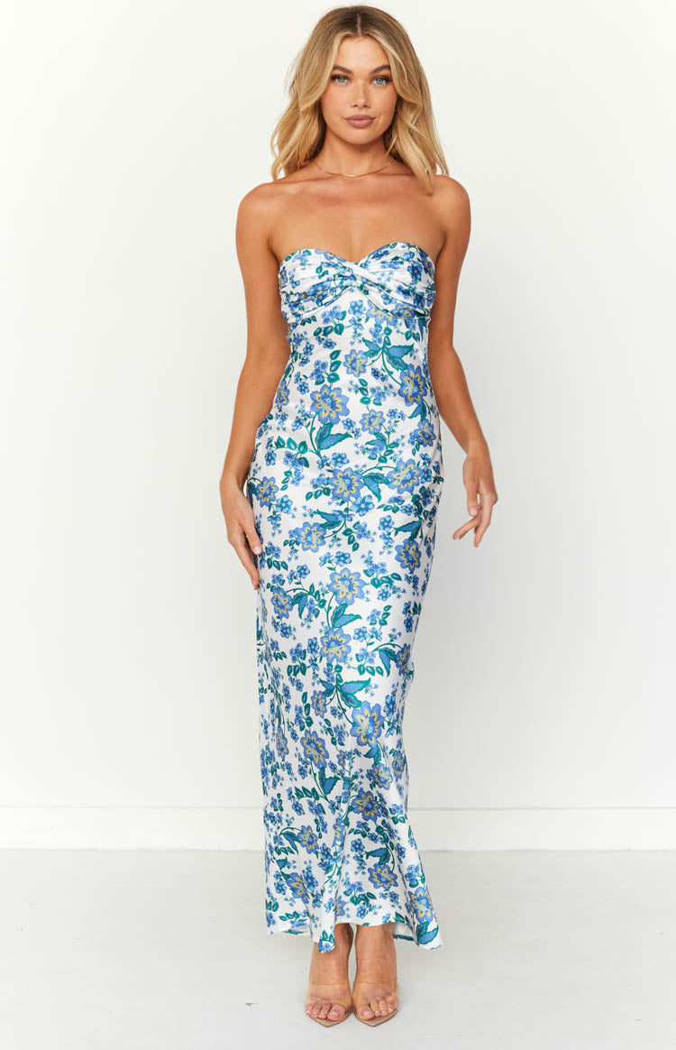 Elegant Ashley Blue Floral Maxi Dress for Women | Formal Evening Gown for Weddings, Parties & Special Occasions