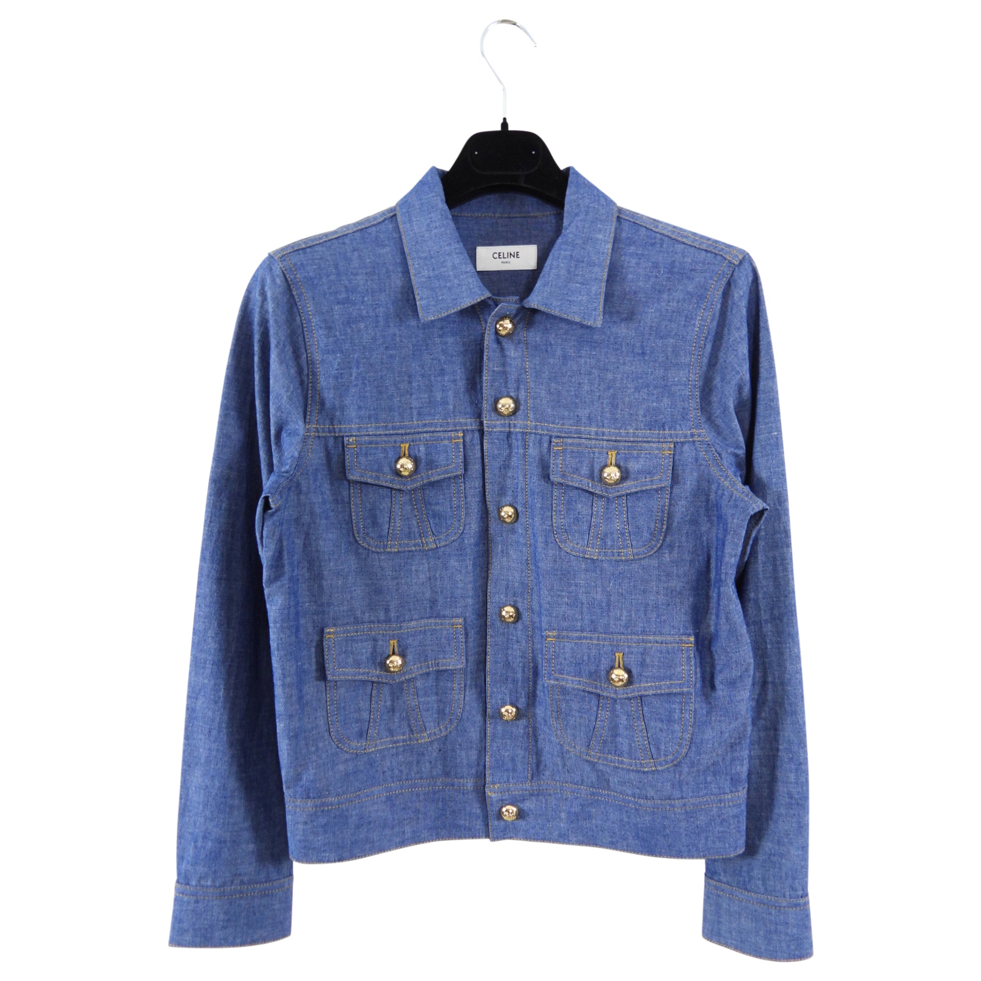 Celine Blue Denim Trucker Jacket - Lightweight Distressed Denim Shirt Jacket for Women (Size M) | Casual Streetwear & Spring Layering Essential