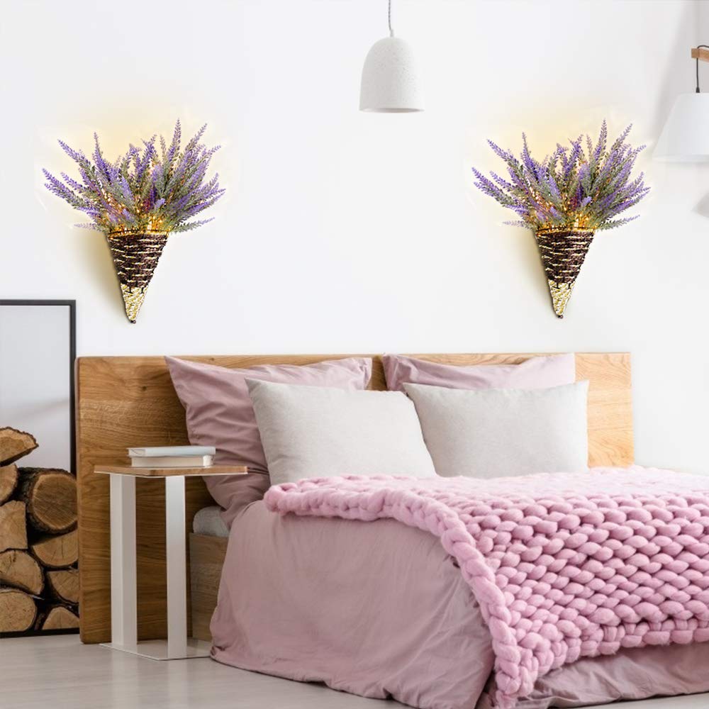 LED Lavender Wall Decor - Handmade Artificial Plant with Fairy Lights for Farmhouse, Kitchen & Bathroom Decor (2 Pack, Purple)