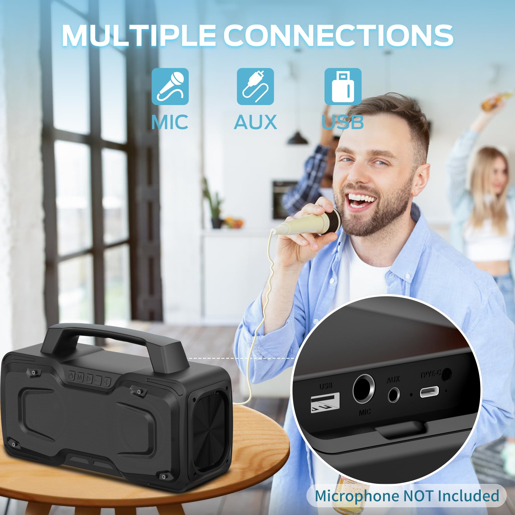 BUGANI 80W Powerful Bluetooth Speaker - IPX7 Waterproof Portable Wireless Speaker with Handle, 24H Playtime, Microphone/AUX/USB Support - Perfect for Outdoor Parties, Poolside, Beach & Camping (Black)