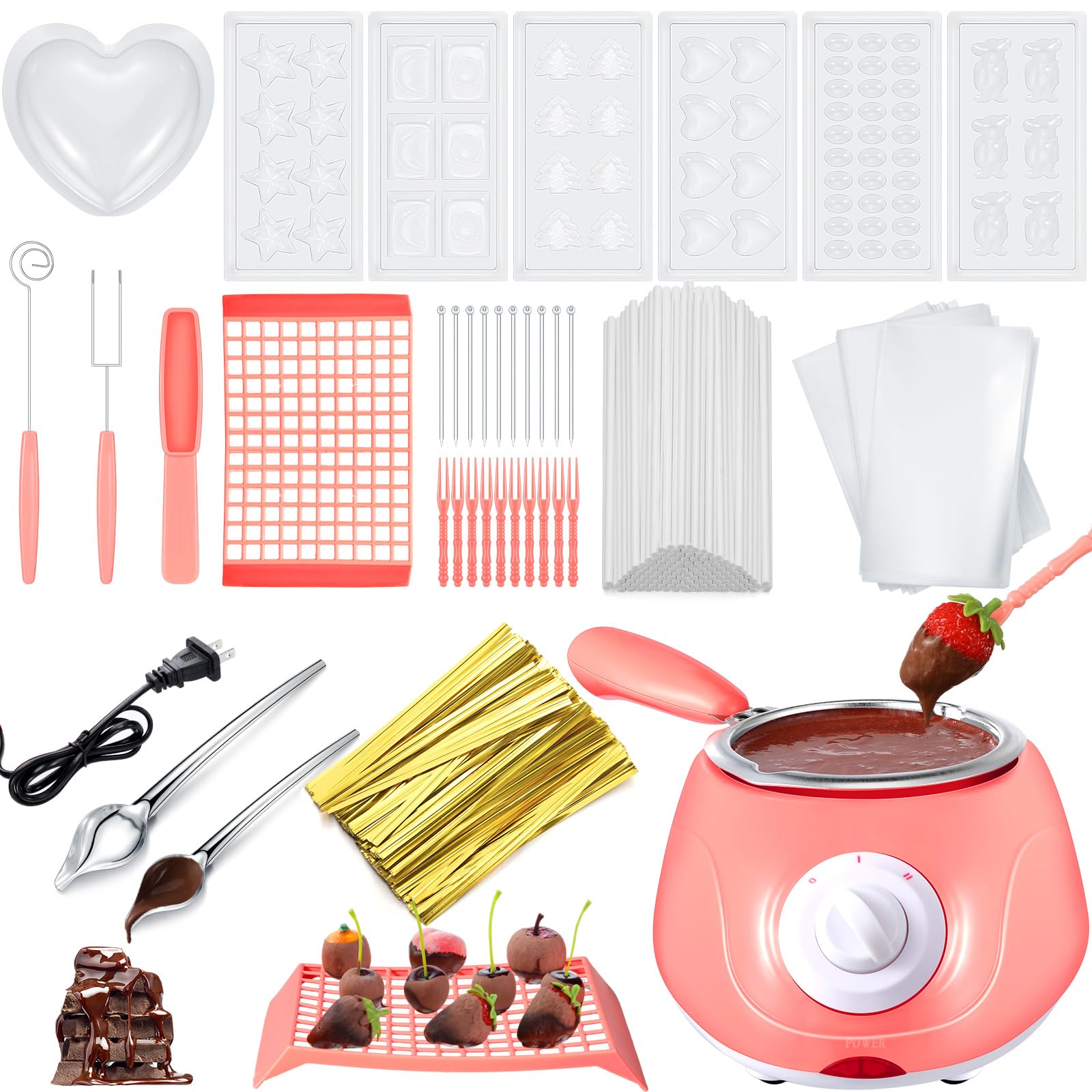 Umigy Electric Chocolate Melting Pot - Mini Fondue Fountain Kit with DIY Molds & Accessories for Candy, Cheese, Milk Chocolate - Perfect for Home Parties, Valentine's Gifts & DIY Dessert Making (Pink)
