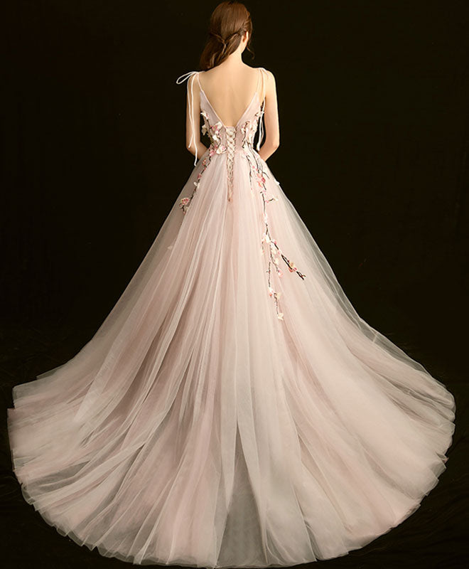 Elegant Light Pink V-Neck Lace Long Prom Dress for Women - Perfect for Evening Gala, Homecoming, and Formal Events