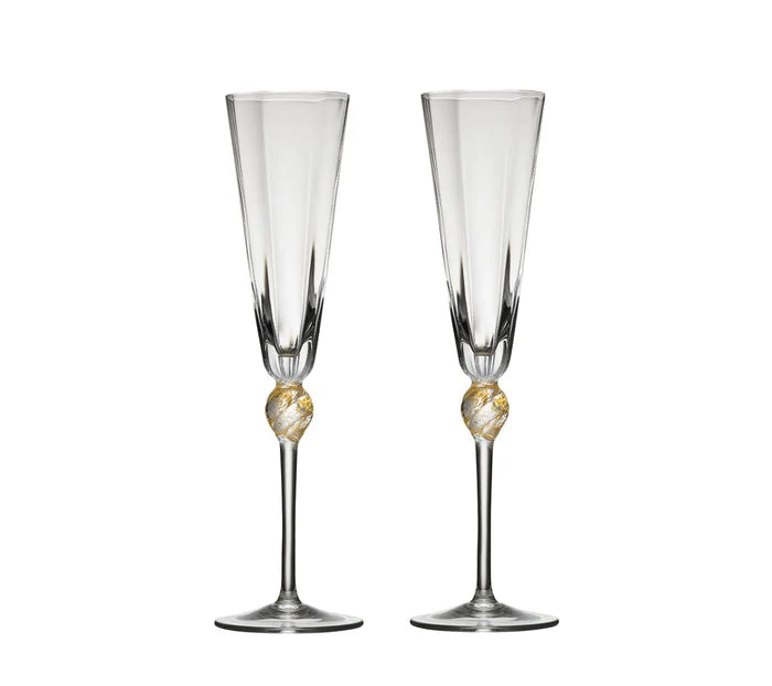 Daphne Elegant Clear & Gold Champagne Flutes Set of 2 - Perfect for Weddings, Anniversaries & Romantic Dinners