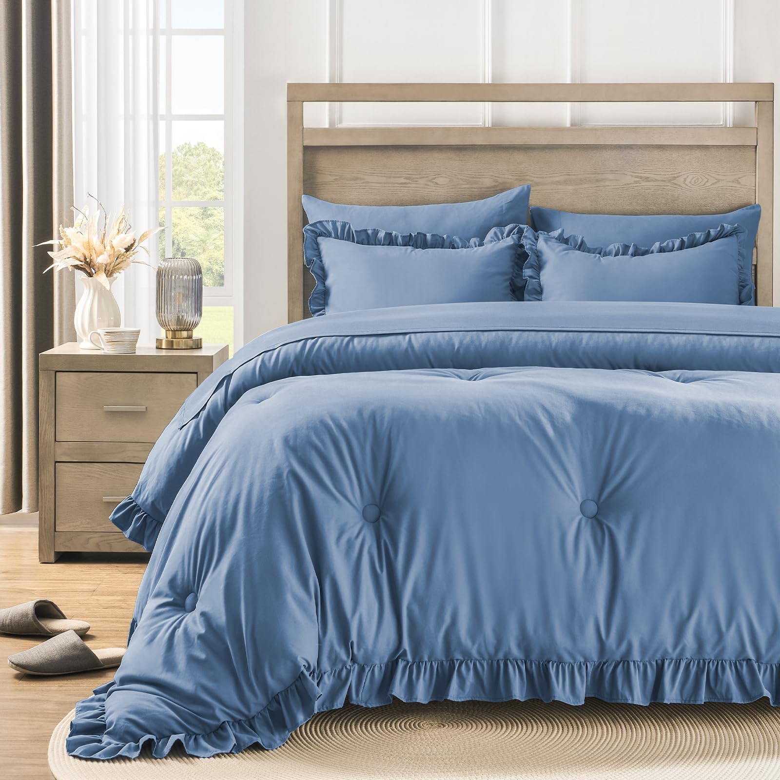 QUIETSEA 7-Piece Full Size Comforter Set - Shabby Chic Ruffled Bedding in Blue with Comforter, Pillowcases, Sheets & Shams | Perfect for Guest Rooms, Dormitories & Cozy Bedroom Decor