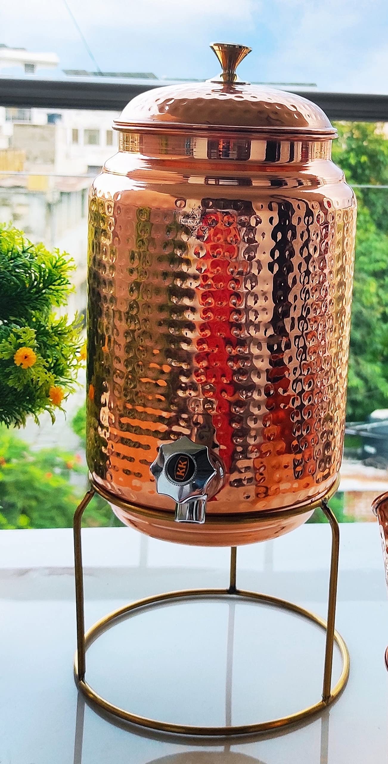 Pure Copper Hammered Design Water Pot with Brass Stand, Tap & Knob - Indian Art Villa Handcrafted Water Storage & Serving Jug for Home, Office & Ayurvedic Rituals