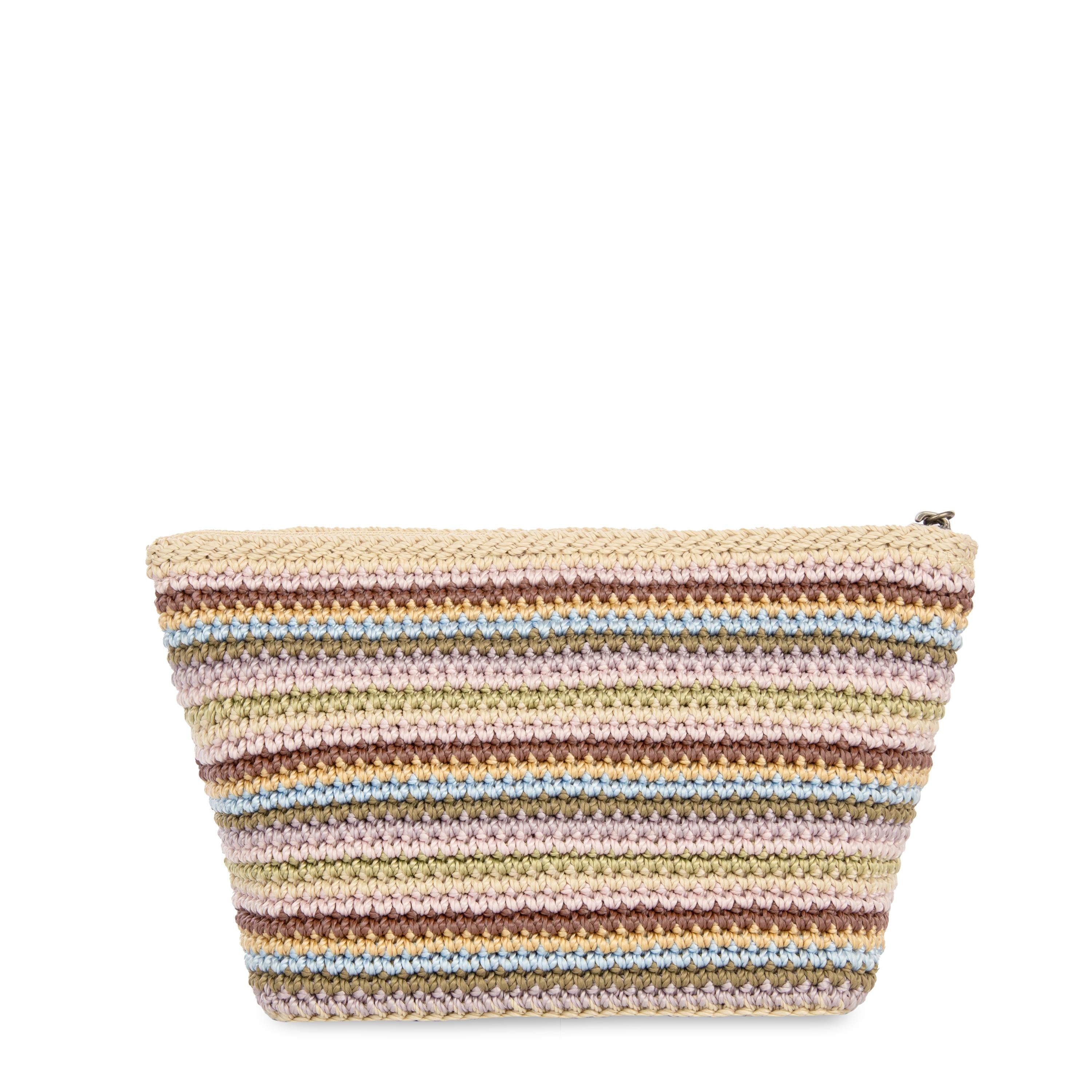 Hand Crocheted Essential Pouch - Pink Multi Stripe Design for Women | Perfect for Travel, Makeup & Daily Essentials Organization
