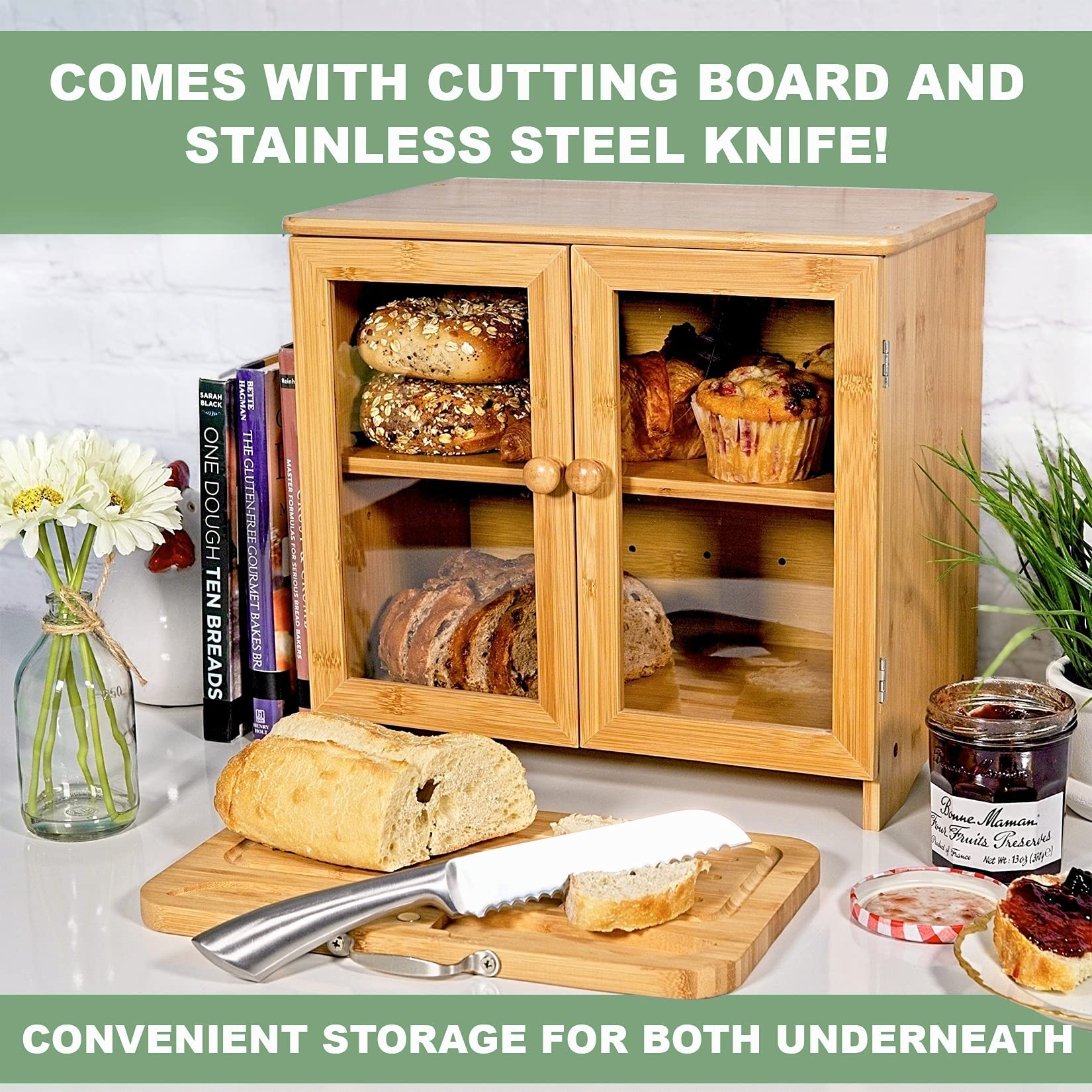 Rustic Large Wooden Bread Box for Kitchen Countertop with Thick Bamboo Cutting Board & Stainless Steel Bread Knife - Adjustable Shelf, Easy Self-Assembly | Perfect for Bread Storage, Baking Essentials, and Farmhouse Style Kitchen Decor