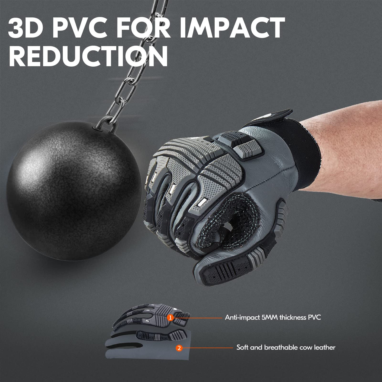 Vgo Heavy Duty Leather Work Gloves for Mechanics - Water Resistant, Impact Resistant & Anti-Vibration Safety Gloves (CA7722WR) - Perfect for Construction, Auto Repair & Outdoor Work