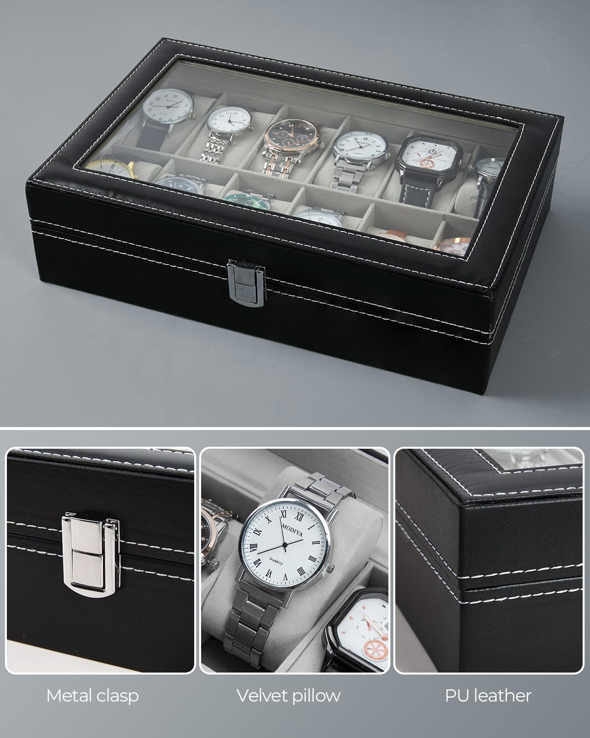 Ohuhu 12-Slot PU Leather Watch Box with Real Glass Lid - Soft Velvet Jewelry Organizer & Watch Display Case for Men and Women - Perfect for Watch Collection Storage, Birthday Gifts & Home Décor