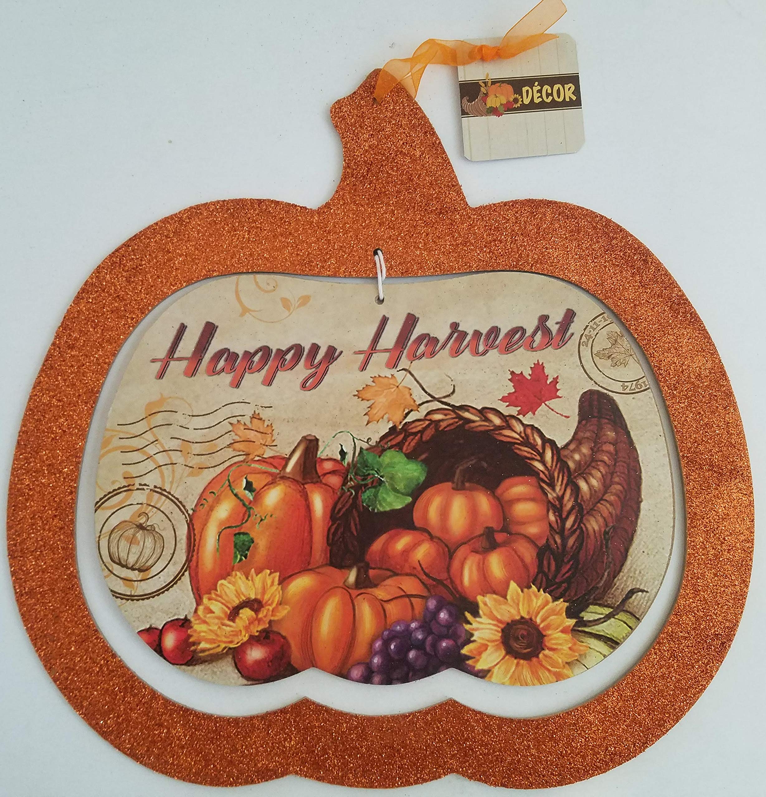 Autumn Harvest Thanksgiving Wall Decor - Glitter Pumpkin Hanging Sign 11.5x12 Inch - Happy Harvest Cornucopia Theme - Seasonal Fall Home Decoration for Thanksgiving Party & Farmhouse Decor