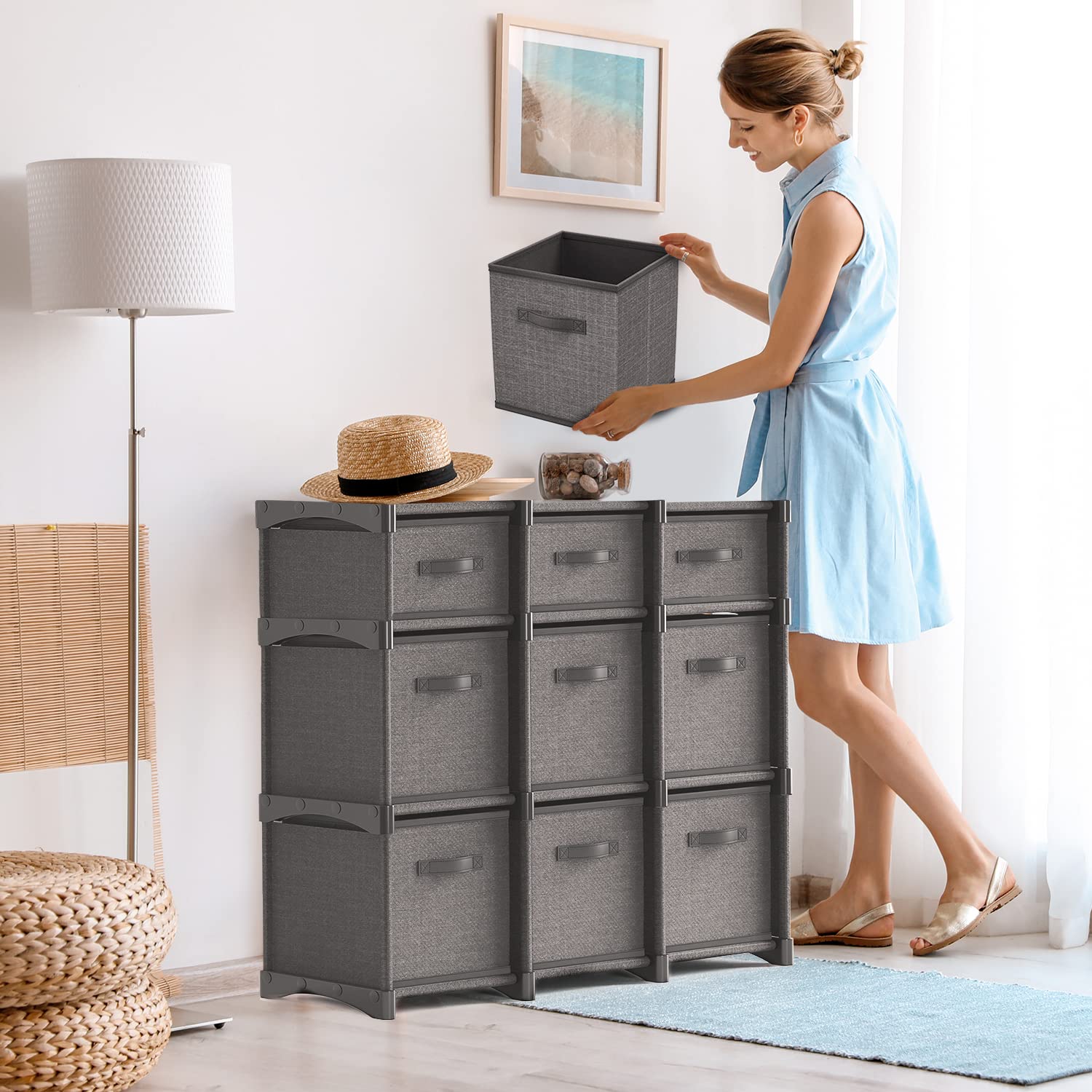 9-Cube Storage Organizer Shelf - Gray Modular DIY Closet Organizer with Sturdy Storage Bins for Bedroom, Playroom, Office & Dorm - Perfect for Toys, Books, Shoes & Home Organization (Black)