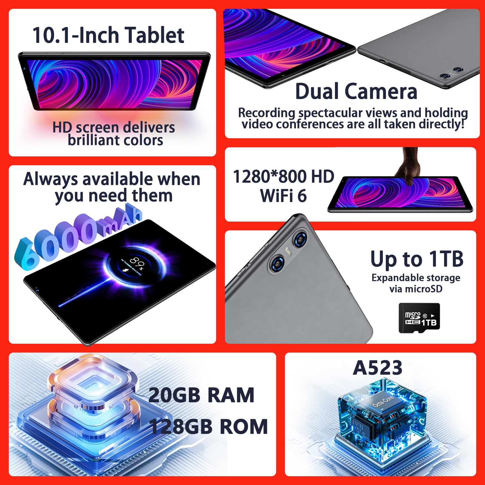 **10.1 Inch Android 14 Tablet - 20GB RAM, 128GB ROM (1TB Expandable), Octa-Core Processor, Dual Camera, WiFi 6, Bluetooth 5.0, 6000mAh Long Battery - Includes Keyboard & Mouse (Grey) - Perfect for Work, Study & Entertainment**