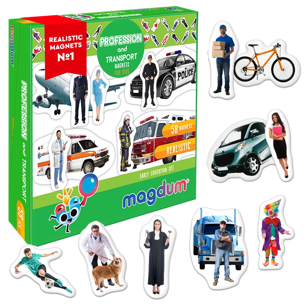 Magdum 58-Piece Large Fridge Magnets Set for Kids - Transportation & Professions Theme - Educational Magnetic Games for Children - Perfect for Learning, Playrooms & Travel Activities