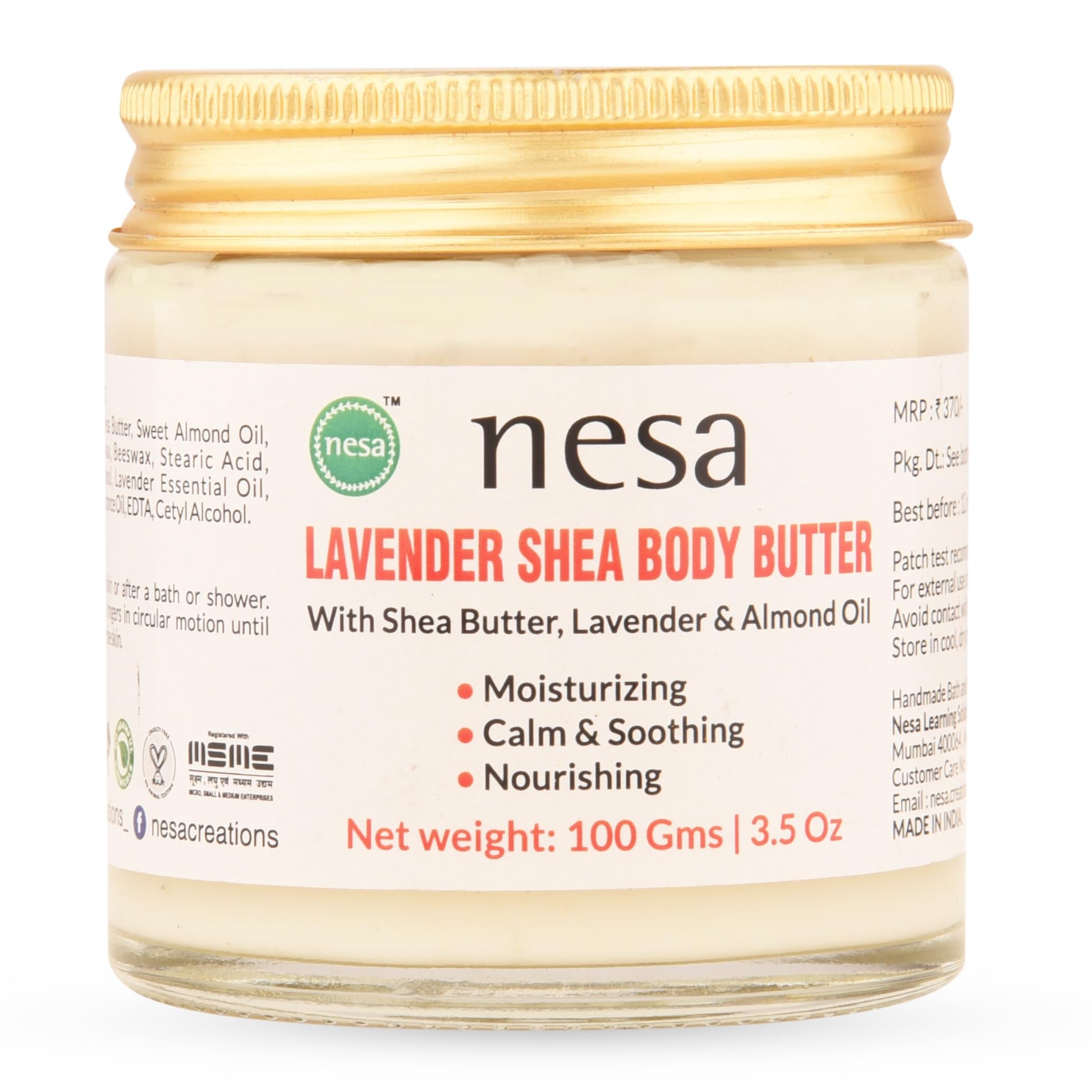 Nesa Lavender Shea Body Butter 100g - Ultra Moisturizing Cream with Shea Butter, Sweet Almond Oil & Lavender Essential Oil for Dry Skin Care - Natural Nourishing Body Lotion for Hands, Feet & Elbows - Perfect for Daily Hydration & Nighttime Skin Repair