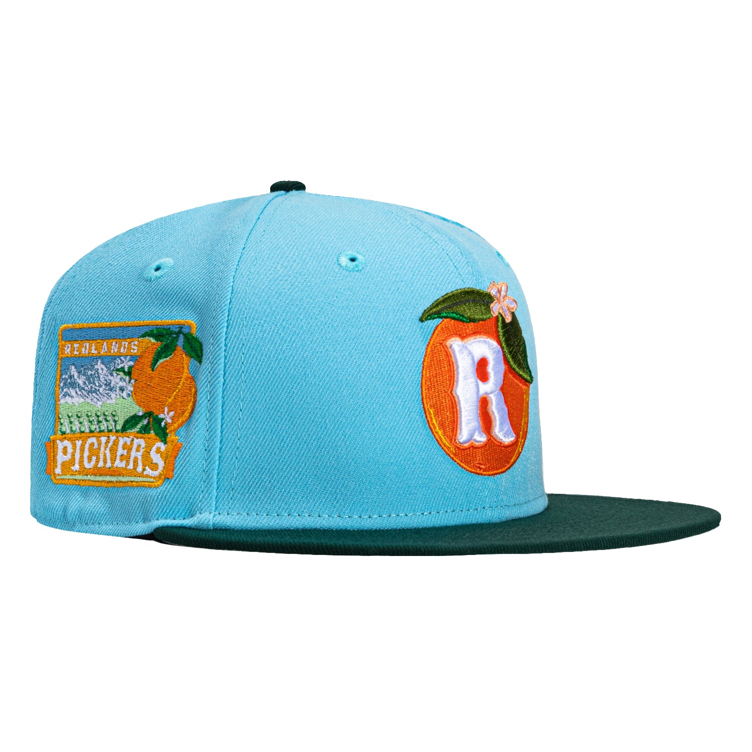 New Era 59Fifty Inland Empire 66ers Redlands Pickers Patch Hat - Light Blue & Green Baseball Cap for Men & Women - Perfect for Sports Fans, Streetwear & Casual Outfits