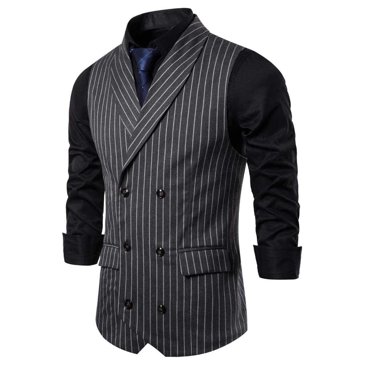Cloudstyle Men's Slim Fit Pinstripe Formal Dress Vest - Double-Breasted Business Waistcoat for Weddings, Office & Special Occasions