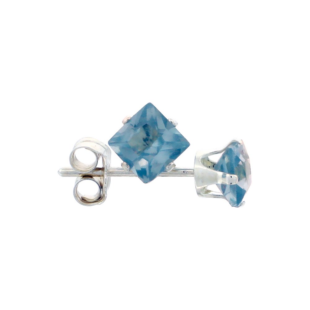 Sterling Silver 4mm Princess Cut Cubic Zirconia Stud Earrings with Birthstone Colors - Perfect Gift for Women, Girls, Anniversary, Birthday & Everyday Wear