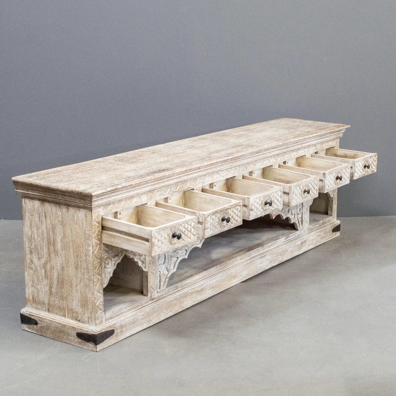 Hand Carved Whitewashed Low Sideboard - Rustic Farmhouse TV Stand, Entryway Console Table, or Dining Room Buffet - Perfect for Living Room, Bedroom, or Hallway Storage