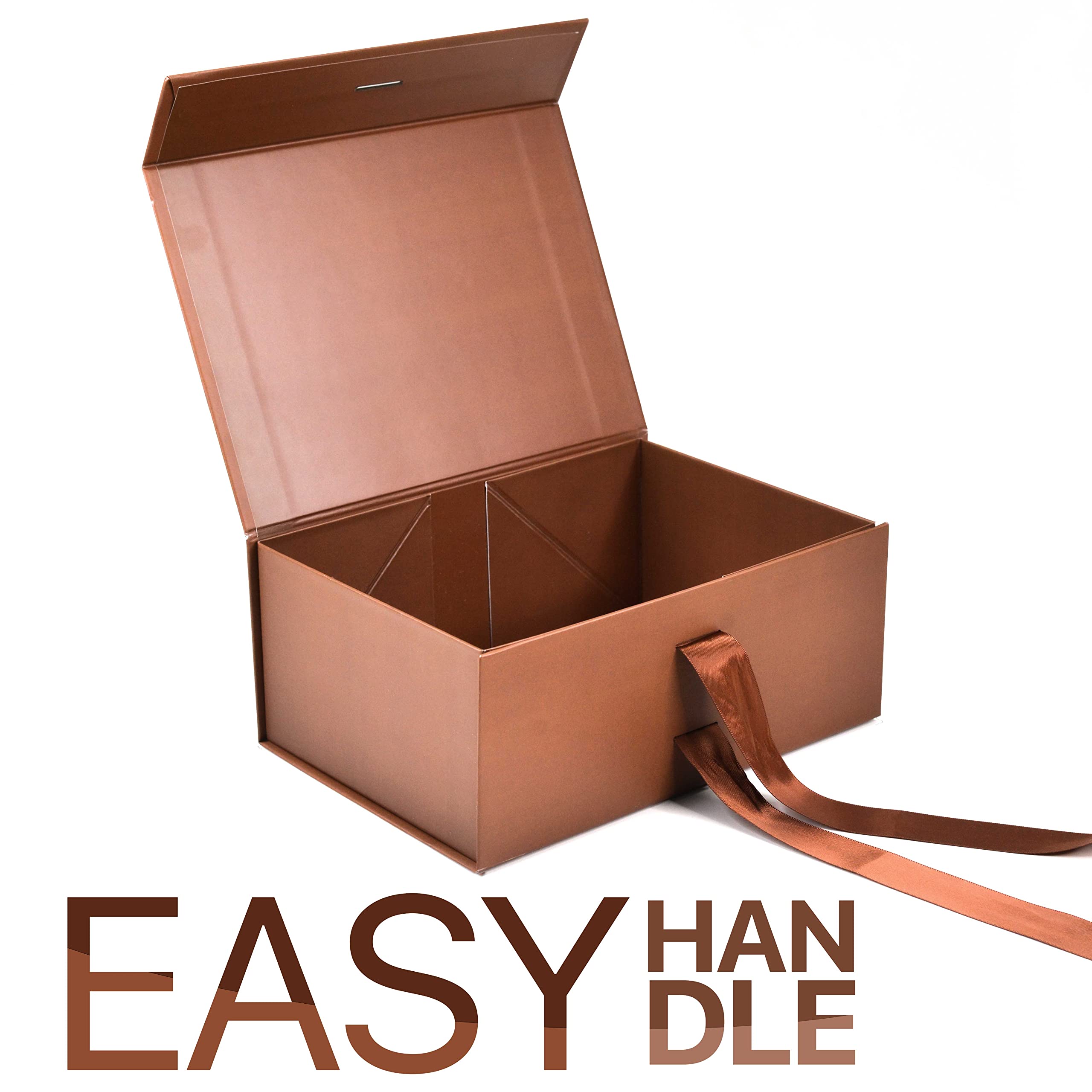 Rigid Brown Folding Gift Box with Ribbon (23x16x10cm) - 1 Pack | Scratch-Free Multipurpose Collapsible Hamper Box for Gifts, Jewelry, Cosmetics & Home Storage | Reusable Present Packaging for Birthdays, Weddings & Corporate Events