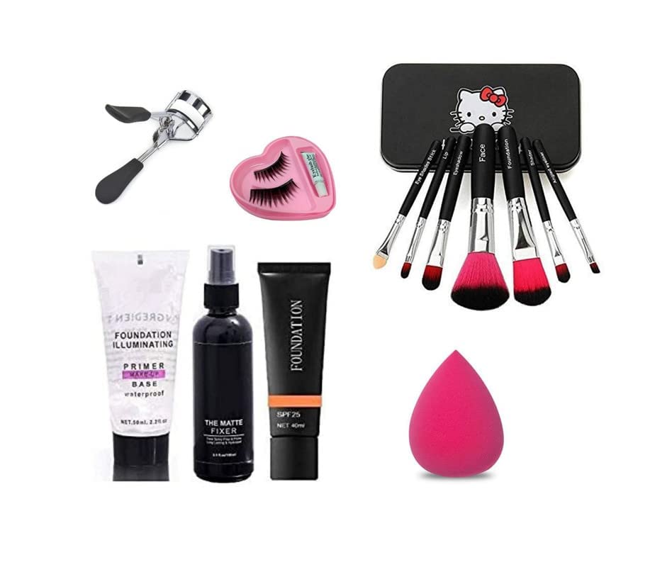 7-Piece Black Makeup Brush Set with Matte Setting Spray, Primer, Foundation, Eyelash Curler, False Lashes, Lash Glue & Pink Beauty Blender - 13-Piece Complete Makeup Kit for Women & Girls | Perfect for Daily Makeup, Professional Looks & Special Occasions