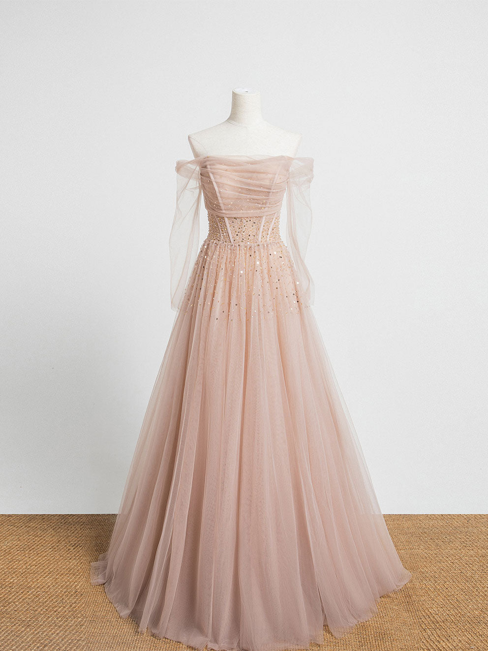 Elegant Champagne Pink Tulle Beaded Long Prom Dress for Evening Gala & Formal Events - Perfect for Homecoming, Wedding Guest, and Special Occasions