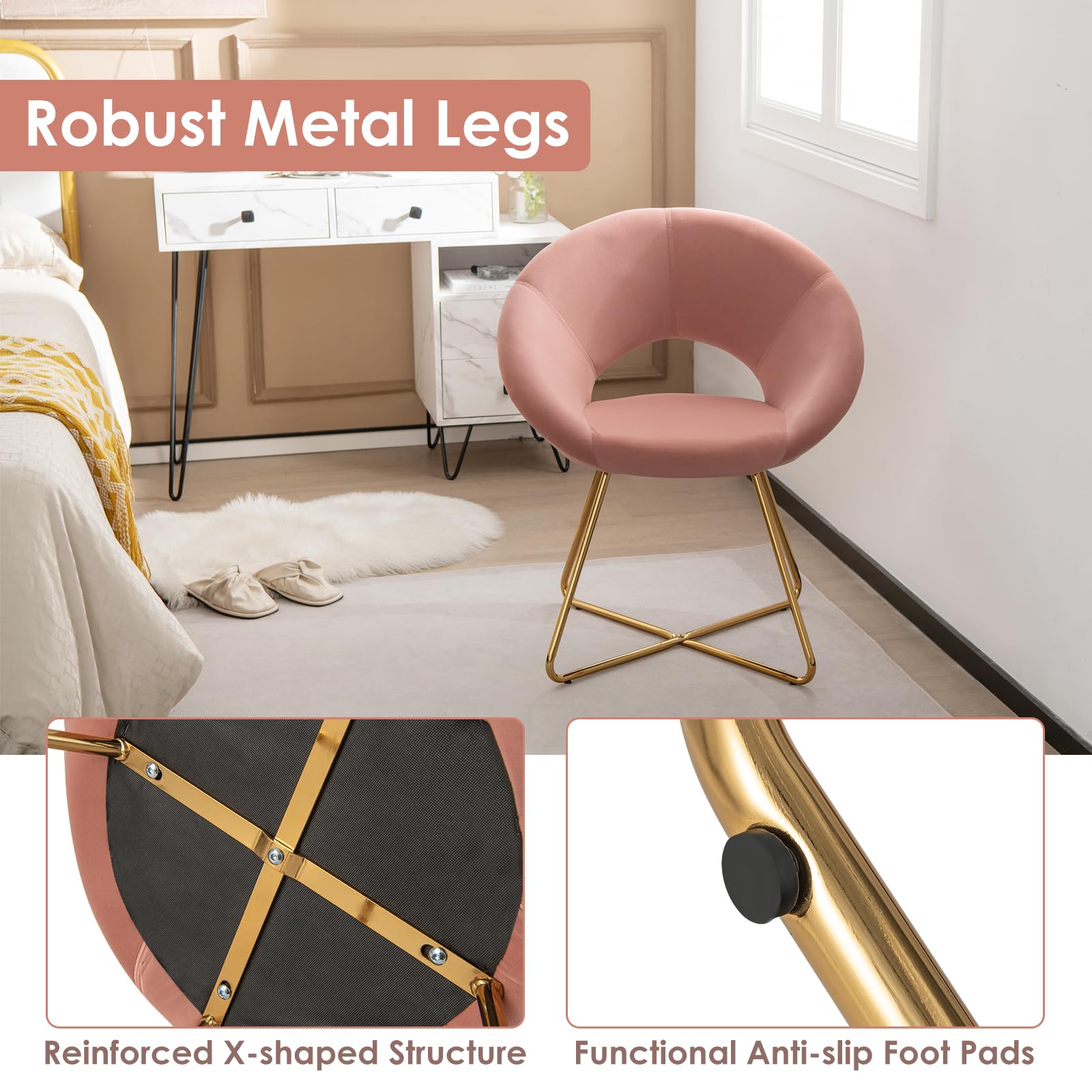 Giantex Velvet Accent Chair Set of 2 - 300 Lbs Capacity Upholstered Vanity Makeup Chairs, Modern Dining & Desk Chairs for Bedroom & Living Room, Coral Pink - Perfect for Home Office, Dressing Room & Lounge Areas