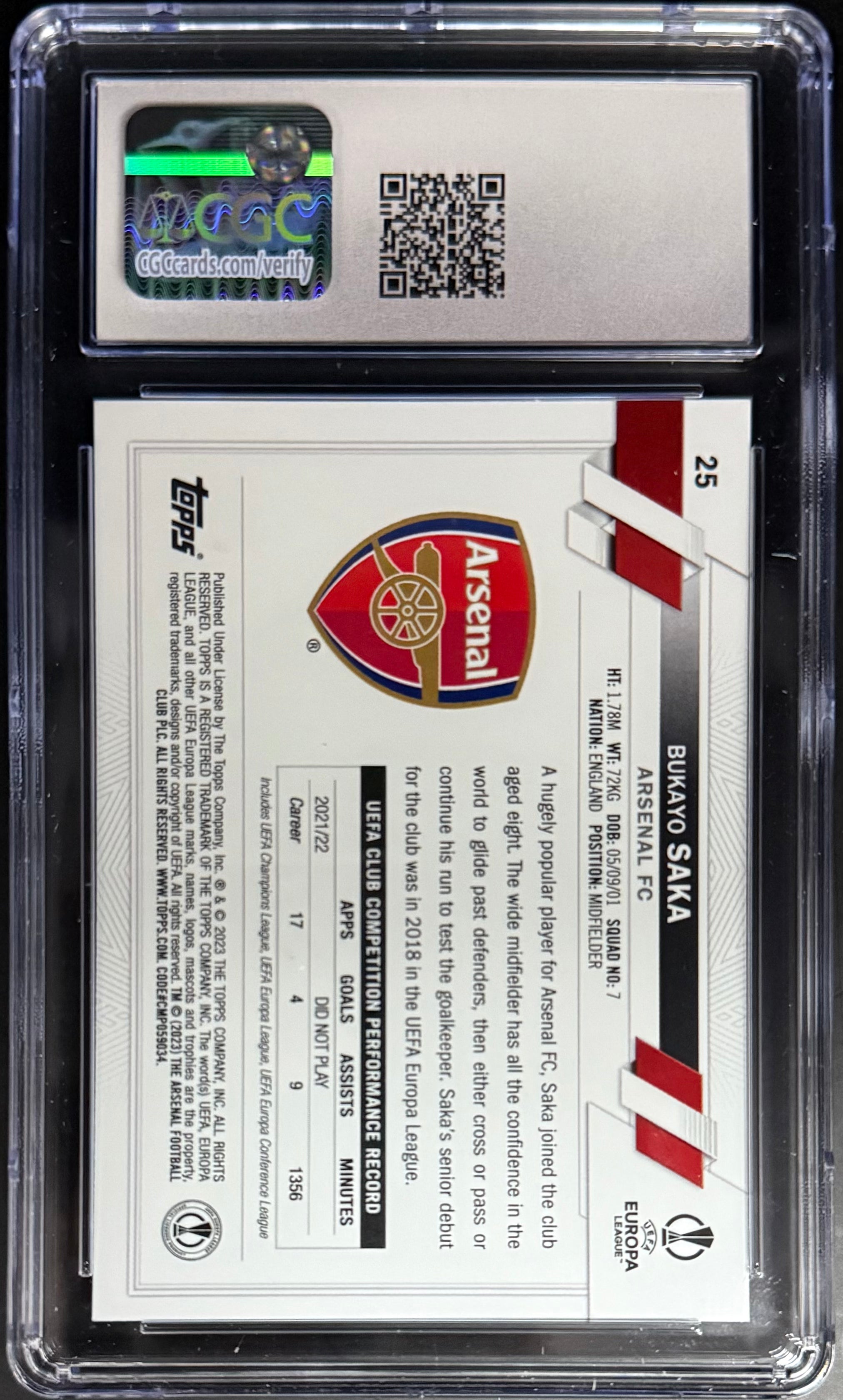 Topps Bukayo Saka Base Card UEFA Club Competitions 2022-23 #25 CGC 10 Graded - Perfect for Soccer Collectors, Display & Investment