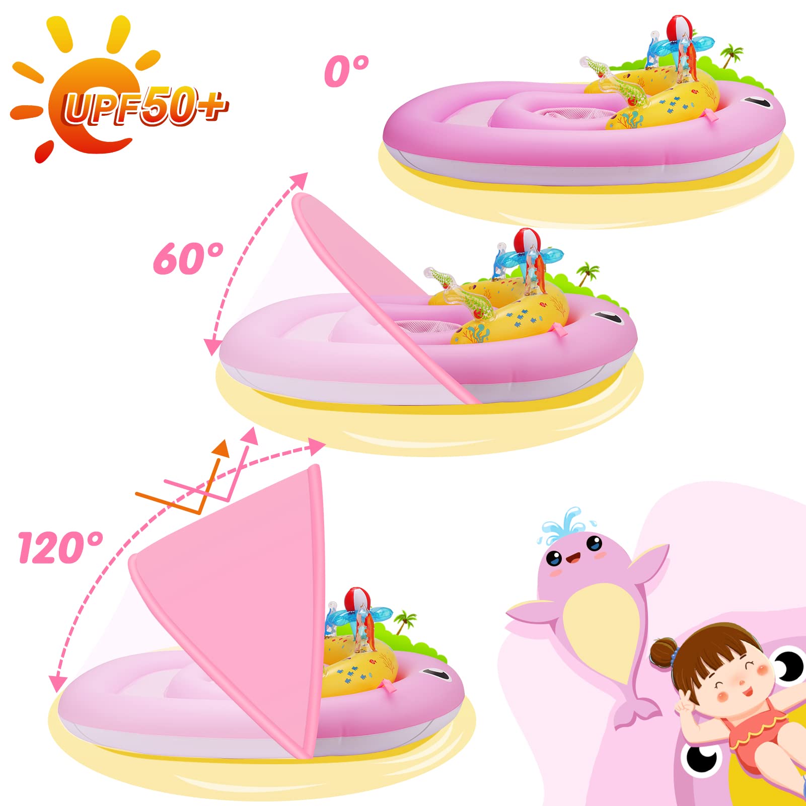 UPF50+ Baby Pool Float with Canopy - Inflatable Infant Swimming Ring for 6-24 Months | Adjustable Safety Seat Bath Floatie & Toy Play Console | Perfect for Backyard Pools, Beach Trips & Bathtime Fun