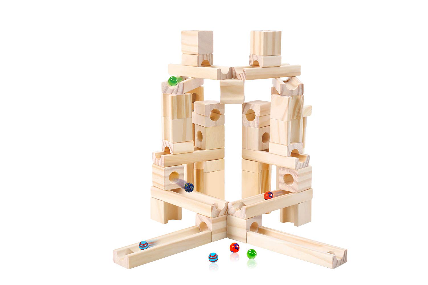 60-Piece Wooden Marble Run Toy Set - Classic Wooden Ramps & Tracks for Kids & Toddlers | STEM Educational Building Blocks for Creative Play & Developmental Skills