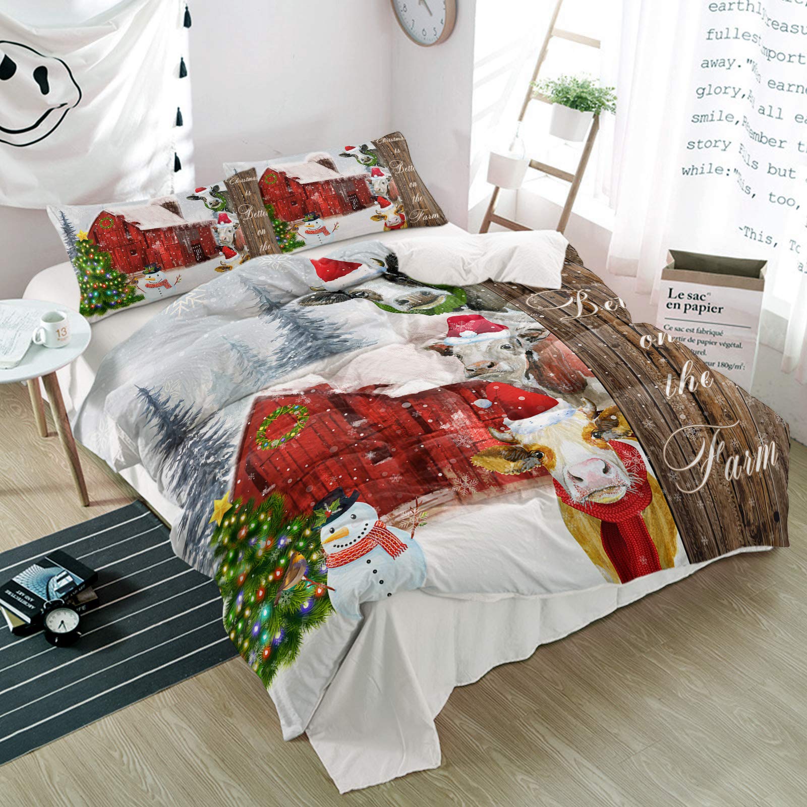 Possta Decor 3-Piece Christmas Themed Duvet Cover Set - Snowman, Cow & Red Barn Print, Soft Microfiber Quilt Cover with Pillowcases, Winter Animal Design with Hats, All-Season Queen Size Bedding Set for Cozy Bedroom Decor | Perfect for Holiday Home Styling & Seasonal Gift Giving