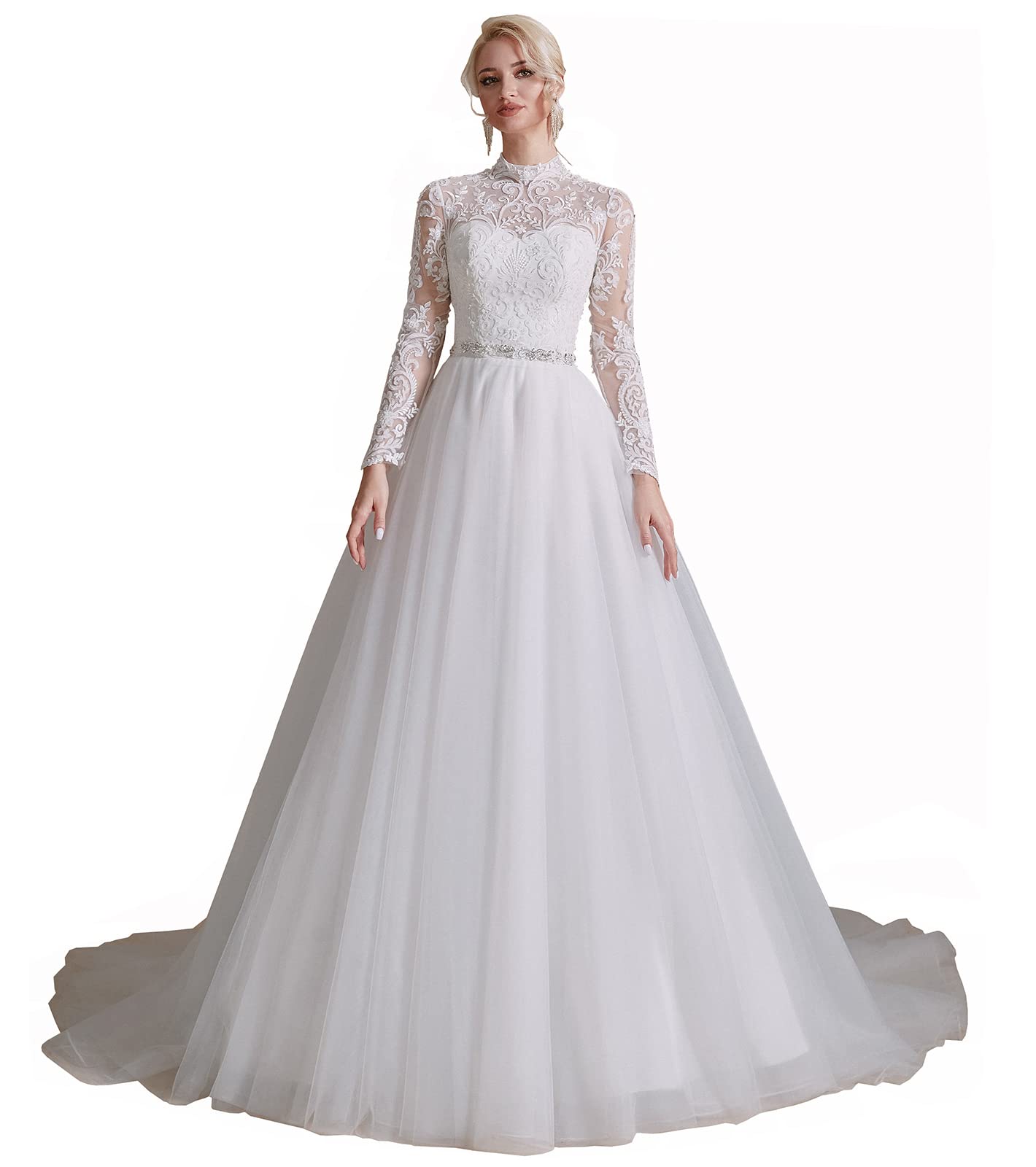 Elegant A-Line Beaded Applique Tulle Wedding Dress for Women - Long Sleeve Bridal Gown for Church, Beach & Garden Ceremonies